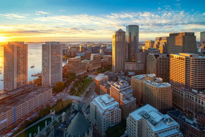 Boston skyline during sunrise.