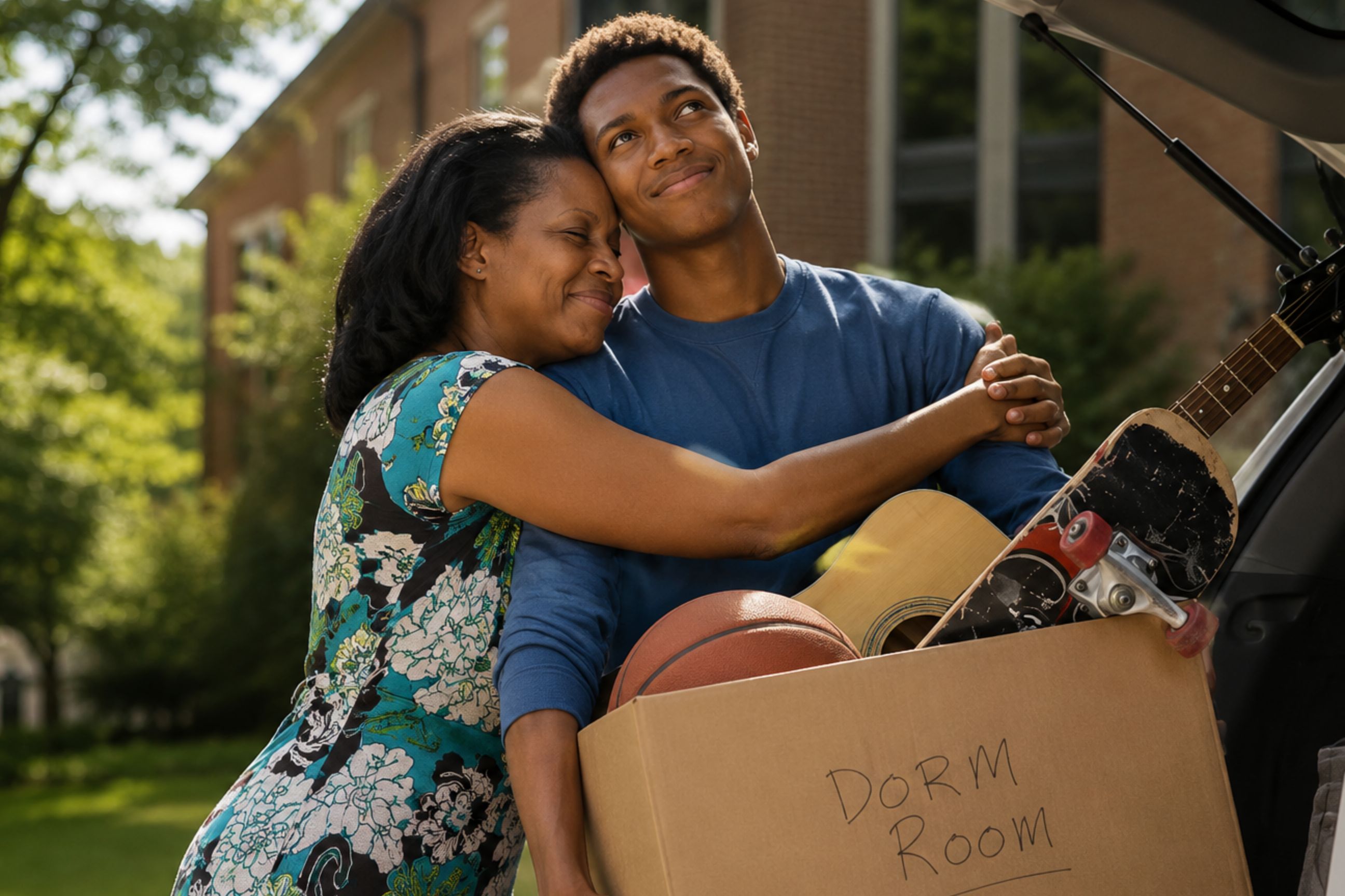 Parent hugging student by car trunk on college move-in day.