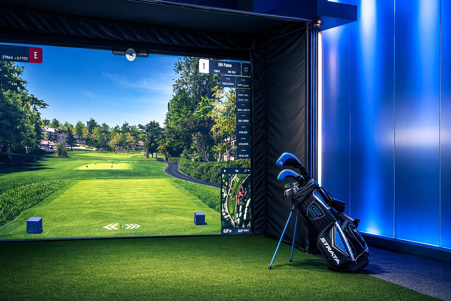 A golf club positioned beside a golf ball on a brightly lit green turf.