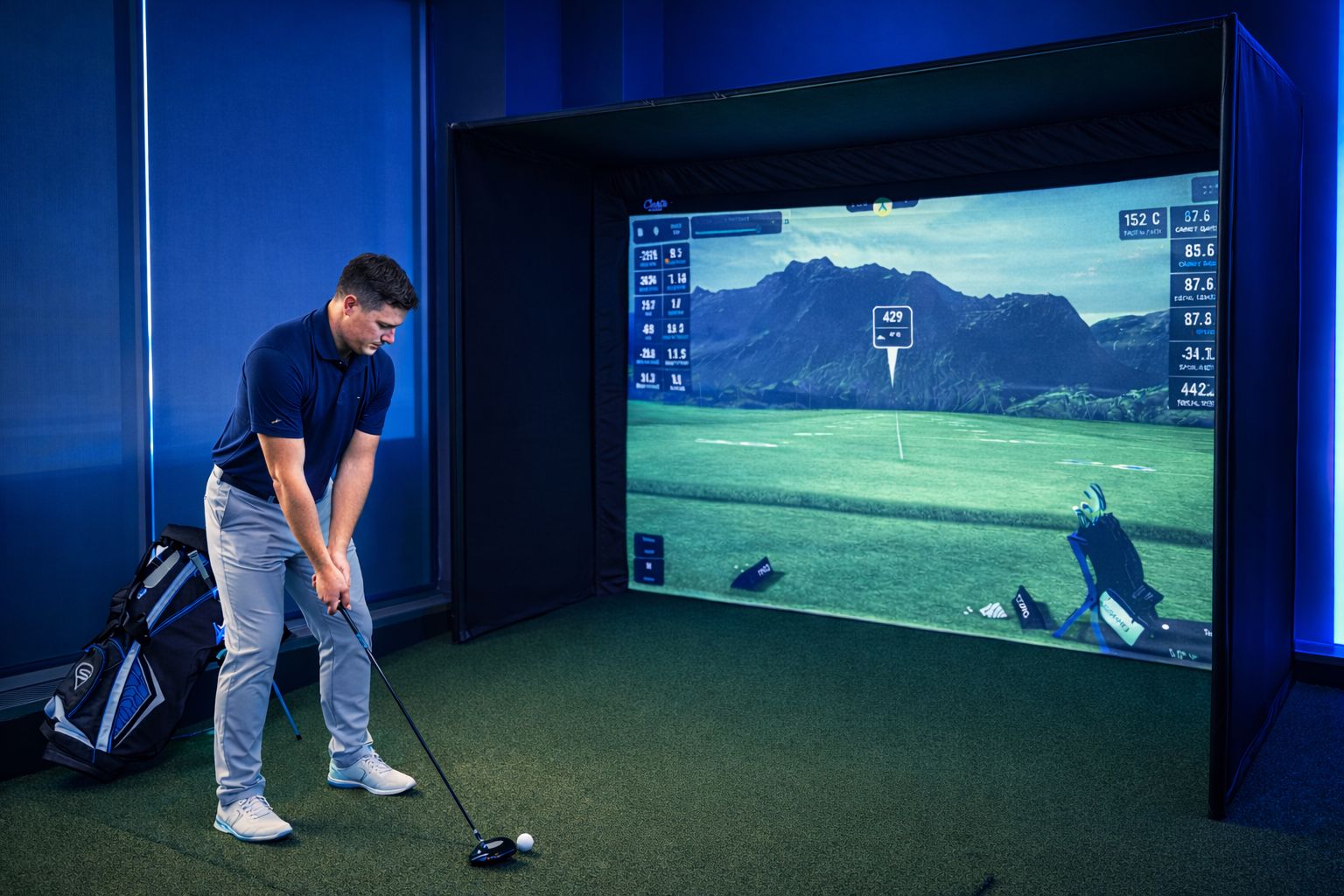 A FAIRWAY golf simulator brochure lying on turf next to a golf ball on a tee.