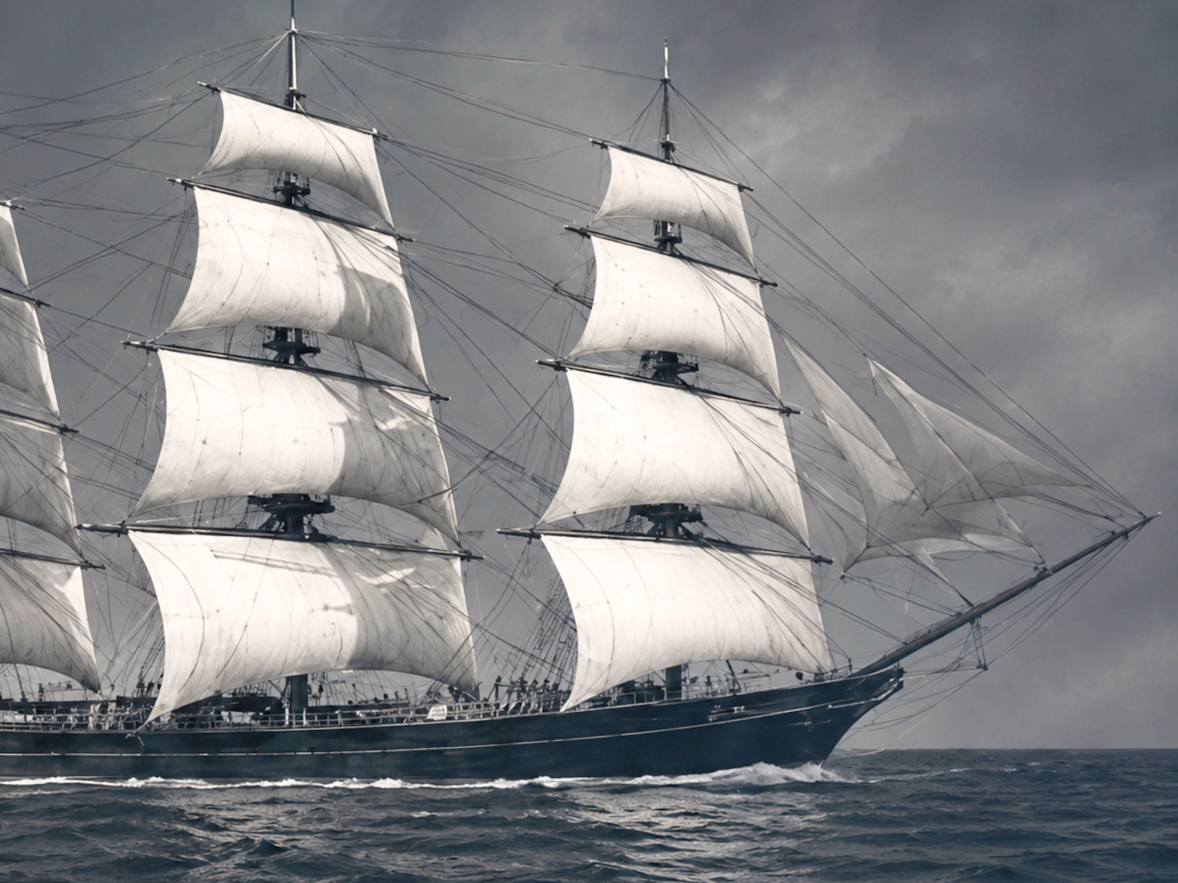 Tall clipper ship with billowing sails on Boston Harbor.