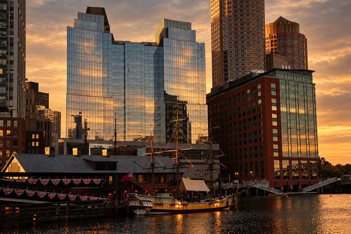InterContinental Boston exterior overlooking Boston Harbor at sunset.