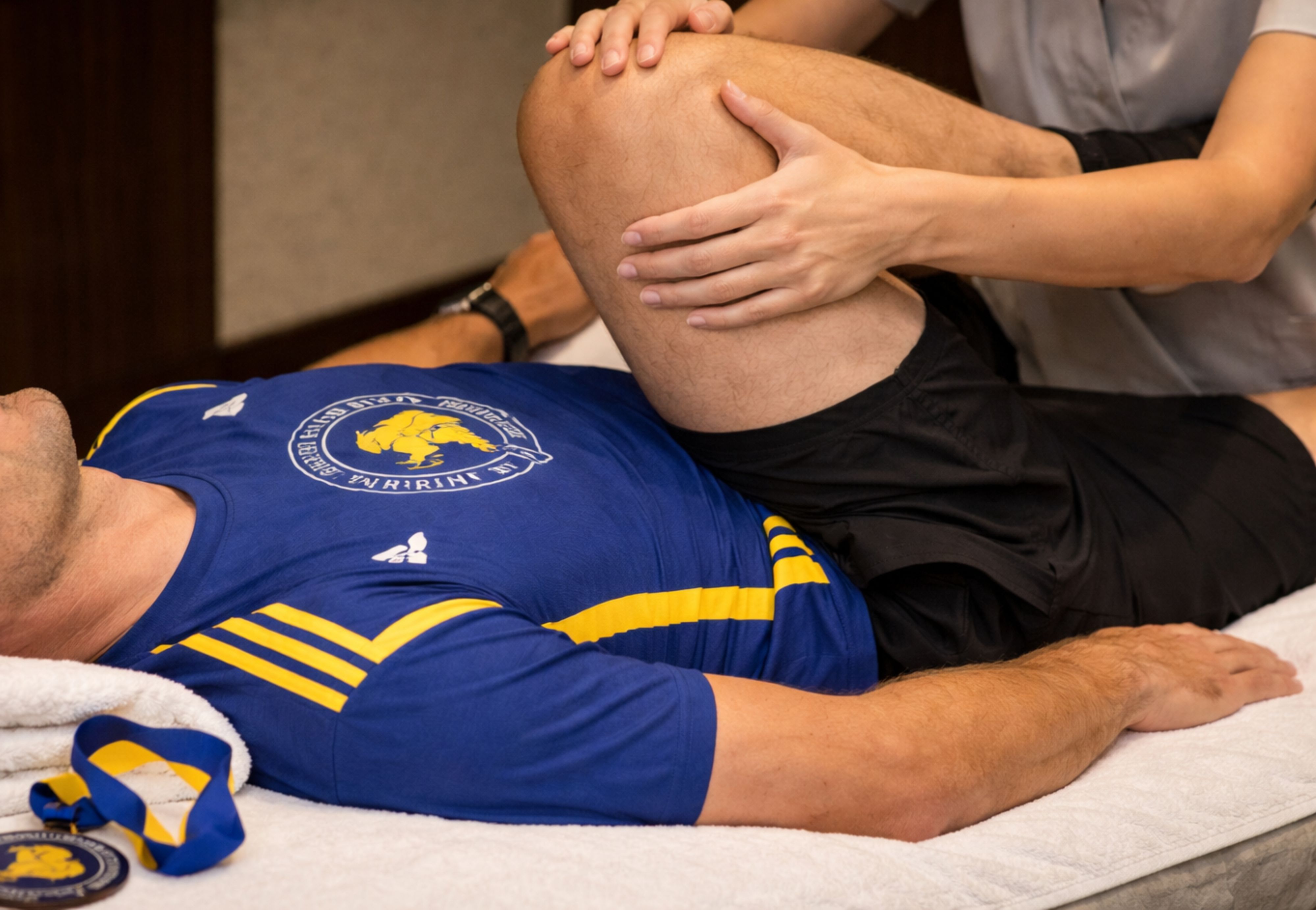 Physical therapist stretching an athlete’s knee during treatment.