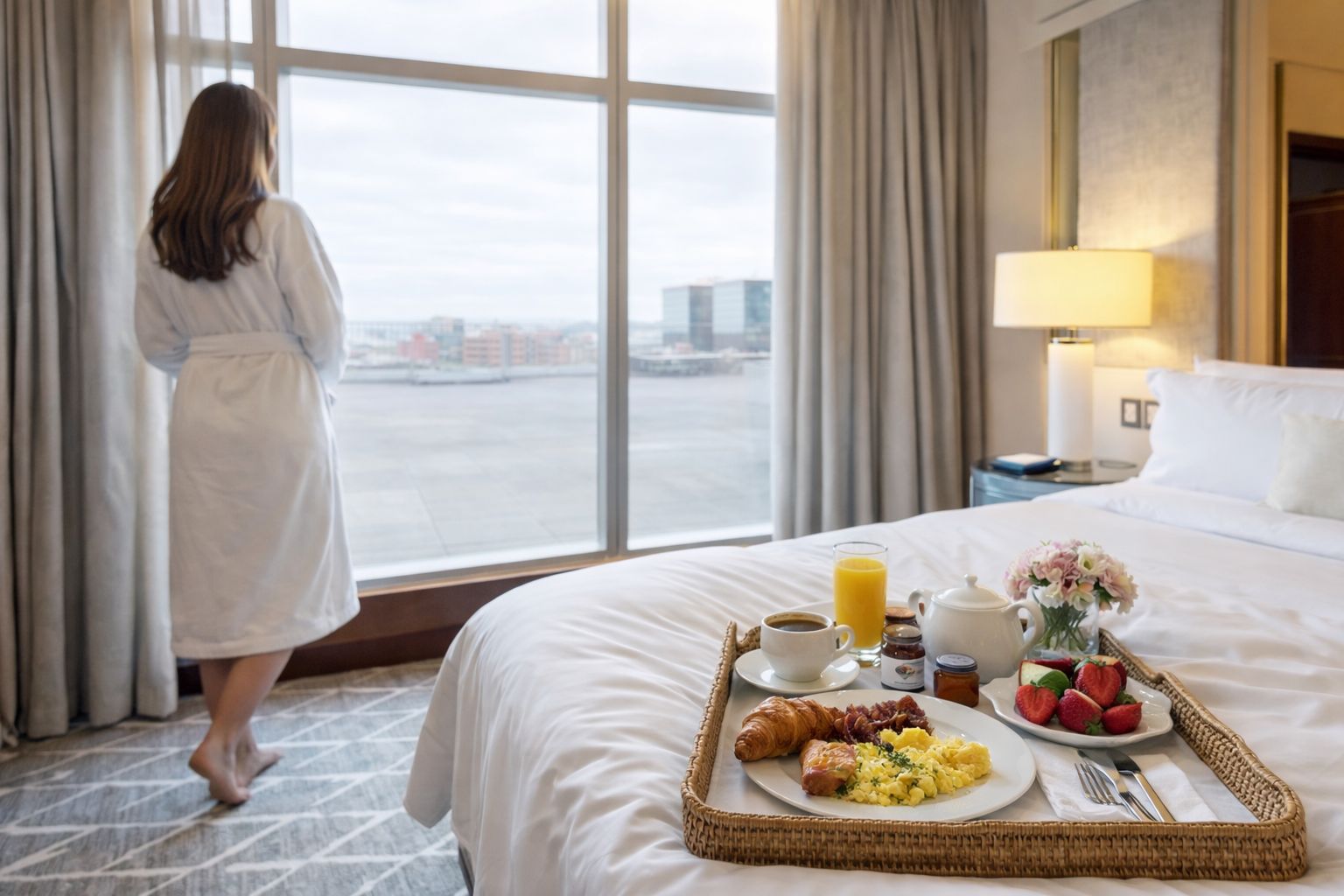 woman looking out to Boston Harbor from hotel room with breakfast tray in bed