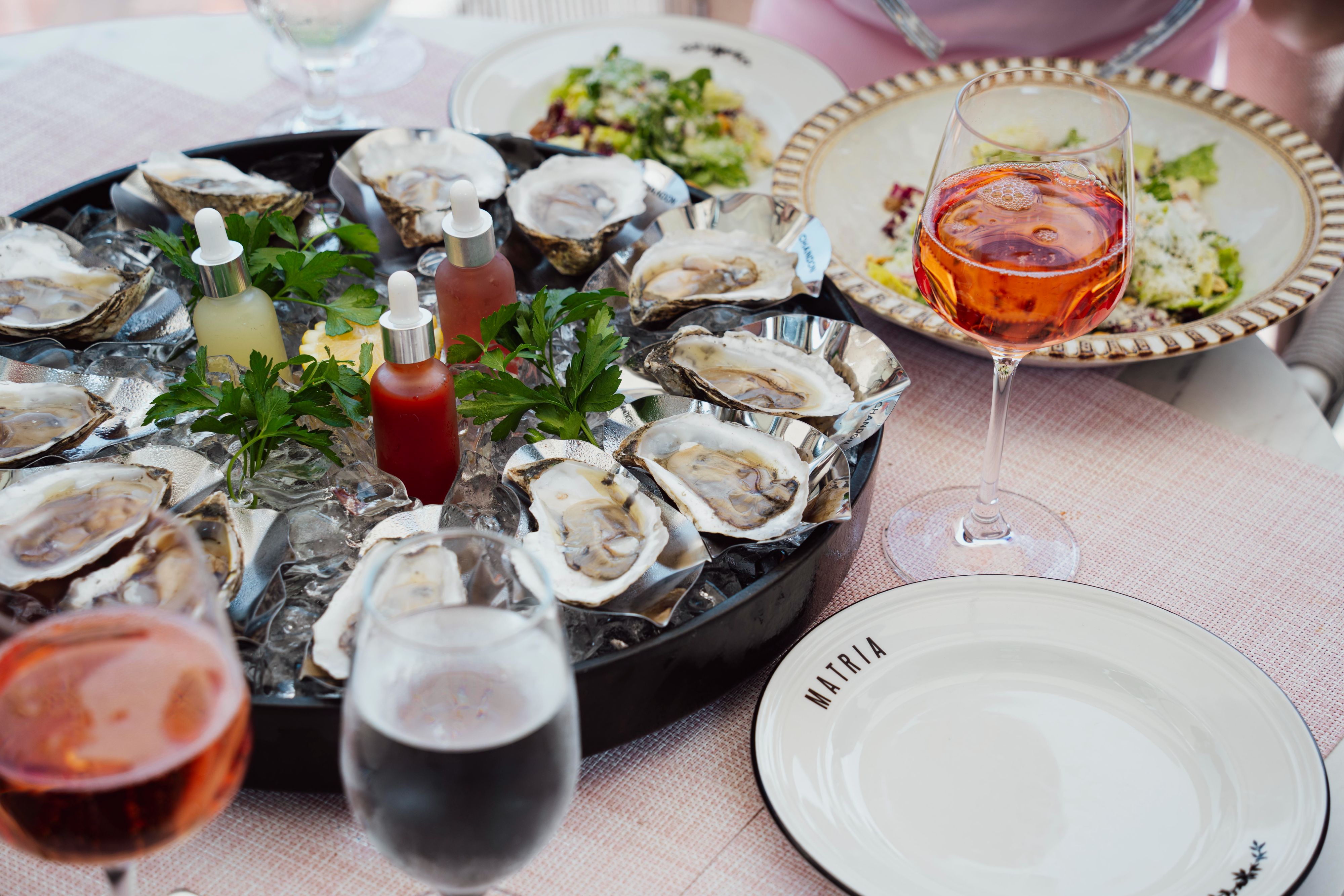 Oysters and wine.