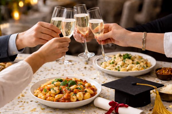 pasta plates with champagne toasts