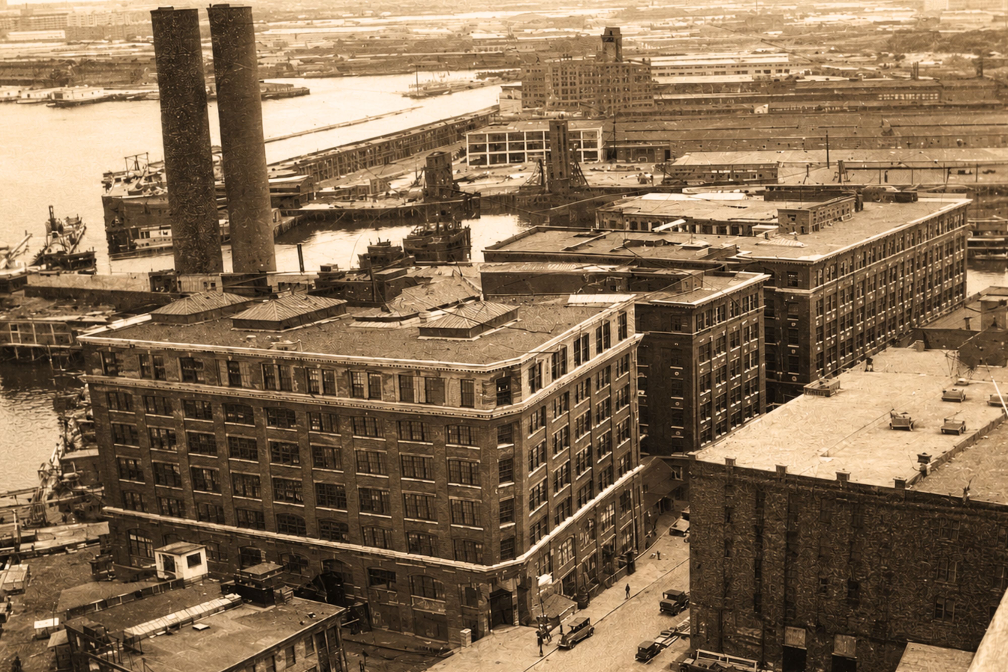 Historic Boston waterfront industrial complex, sepia aerial view.