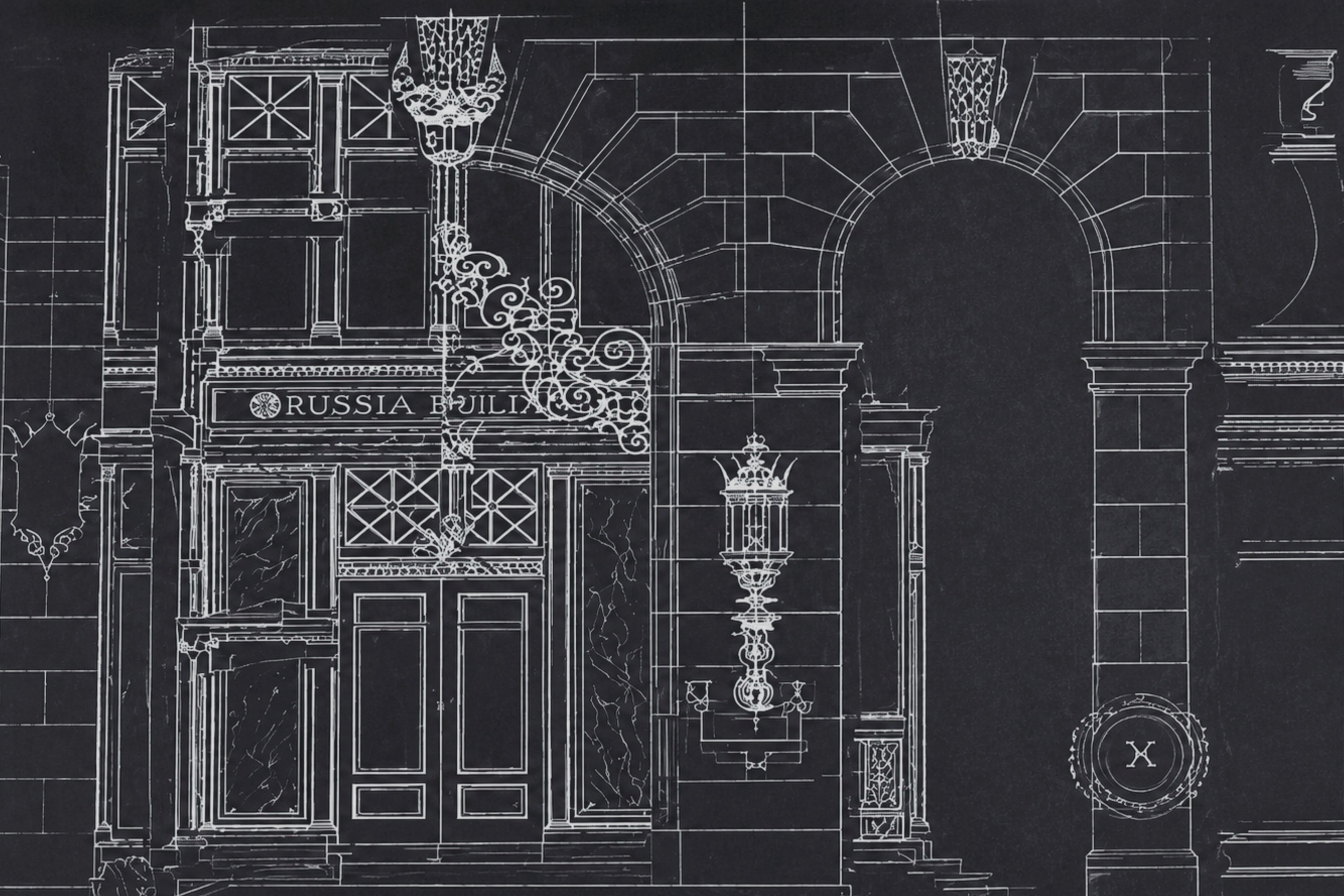 Architectural elevation drawing of the historic Russia Building.