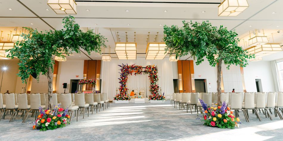 Wedding aisle and chairs set up for a multicultural wedding. 