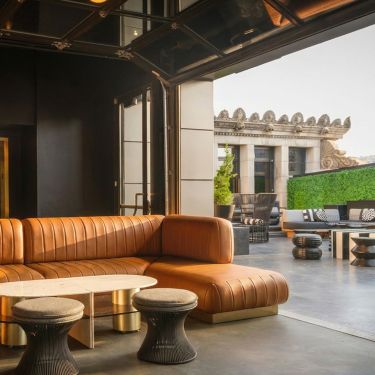 A lounge with a curved orange leather sofa, natural light, and indoor plants.