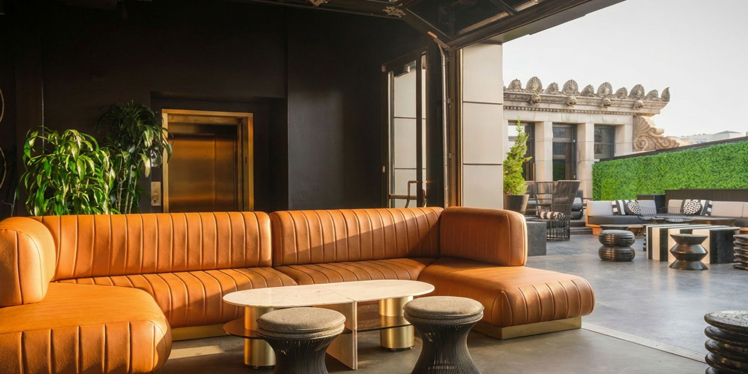 A lounge with a curved orange leather sofa, natural light, and indoor plants.