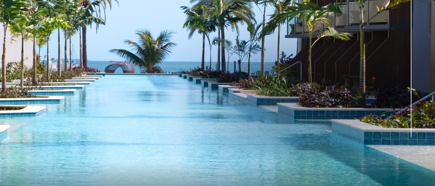  A pristine, long rectangular pool with tall palm trees.