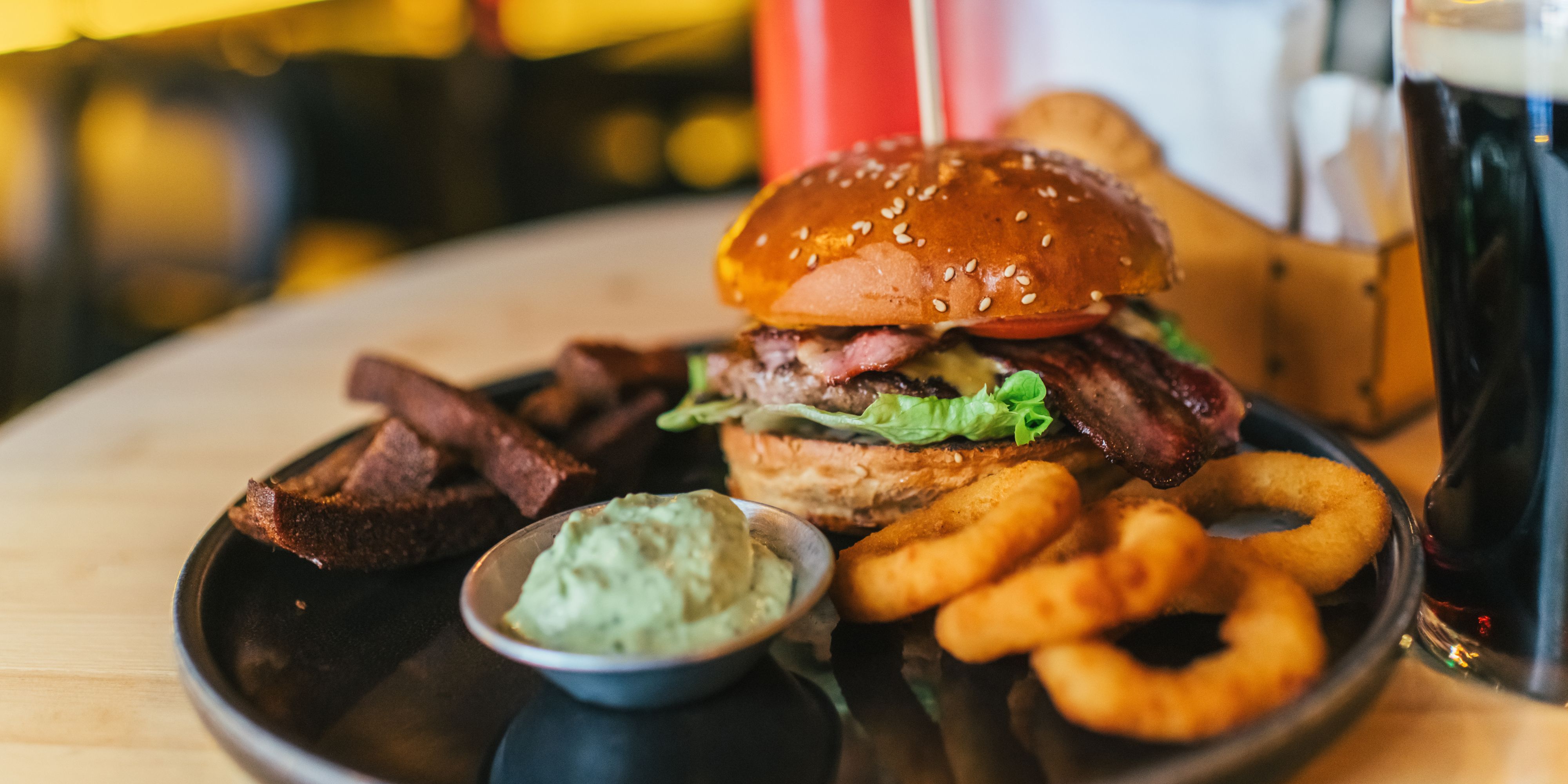 Burger and onion rings.