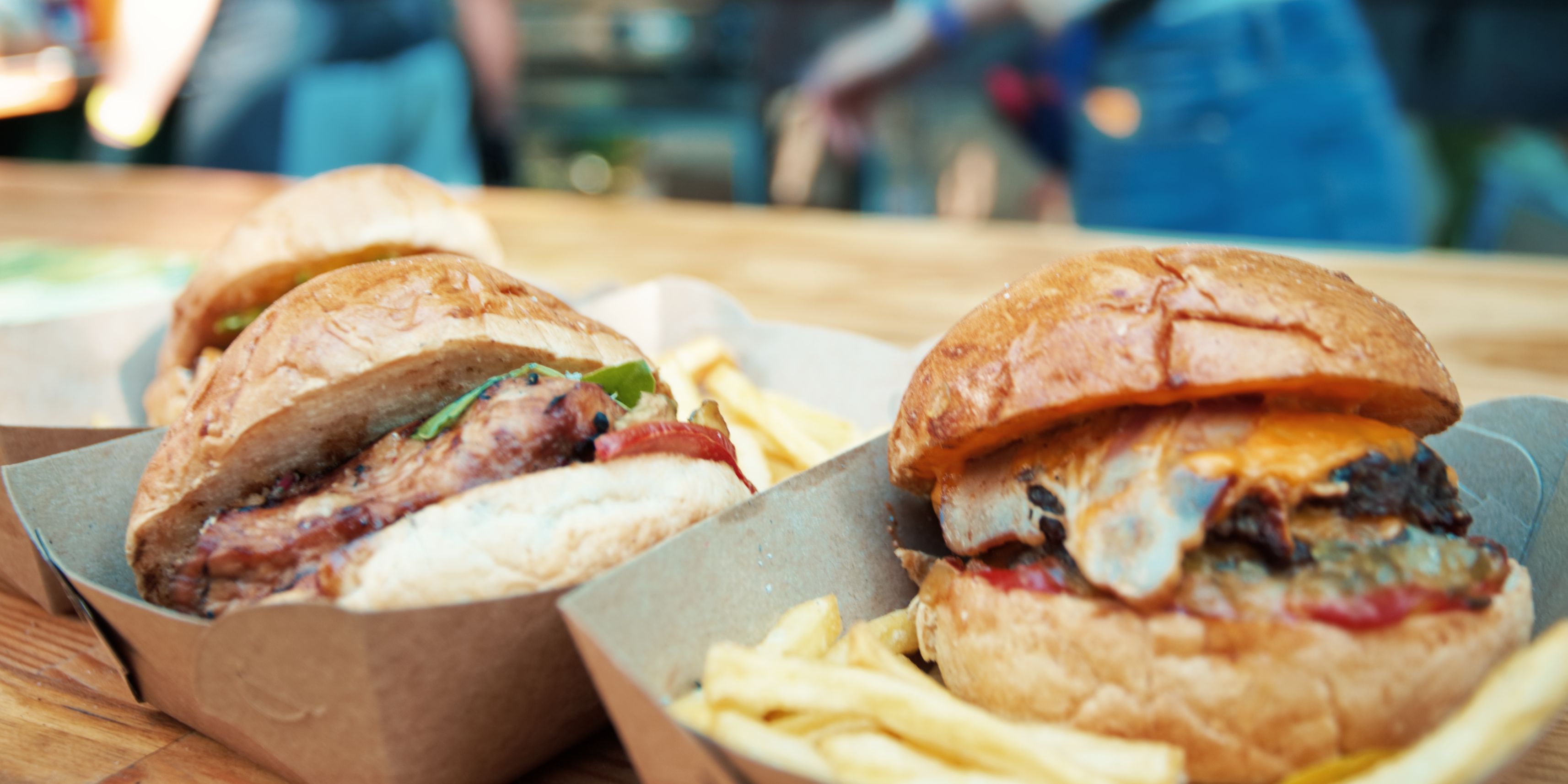Burgers with various toppings.