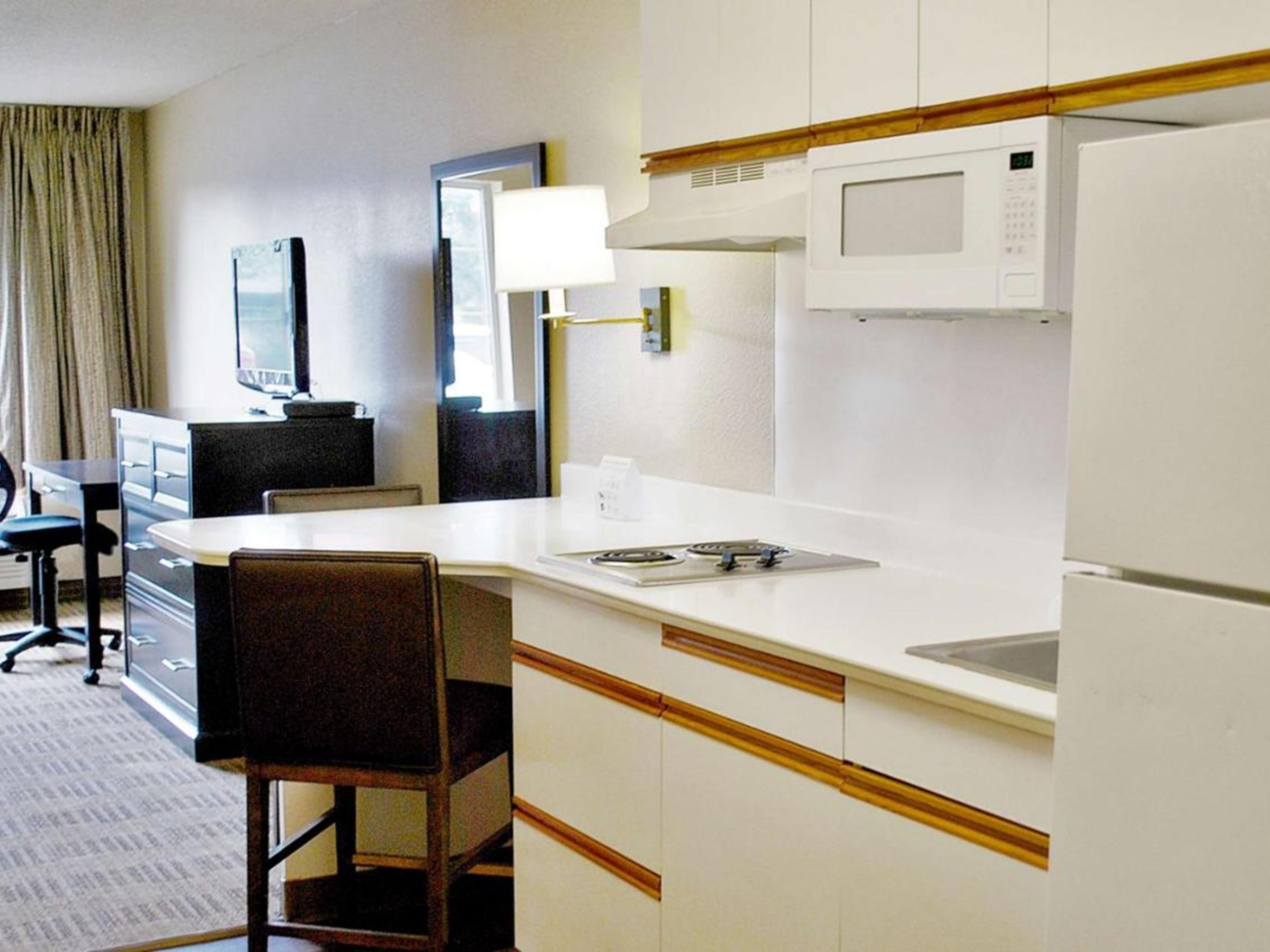 Your very own taste of home: Fully equipped kitchens, well-stocked with everything a hungry home chef needs to settle in and start cooking: fridge, stovetop, microwave, plenty of counter space and of course, a dishwasher.