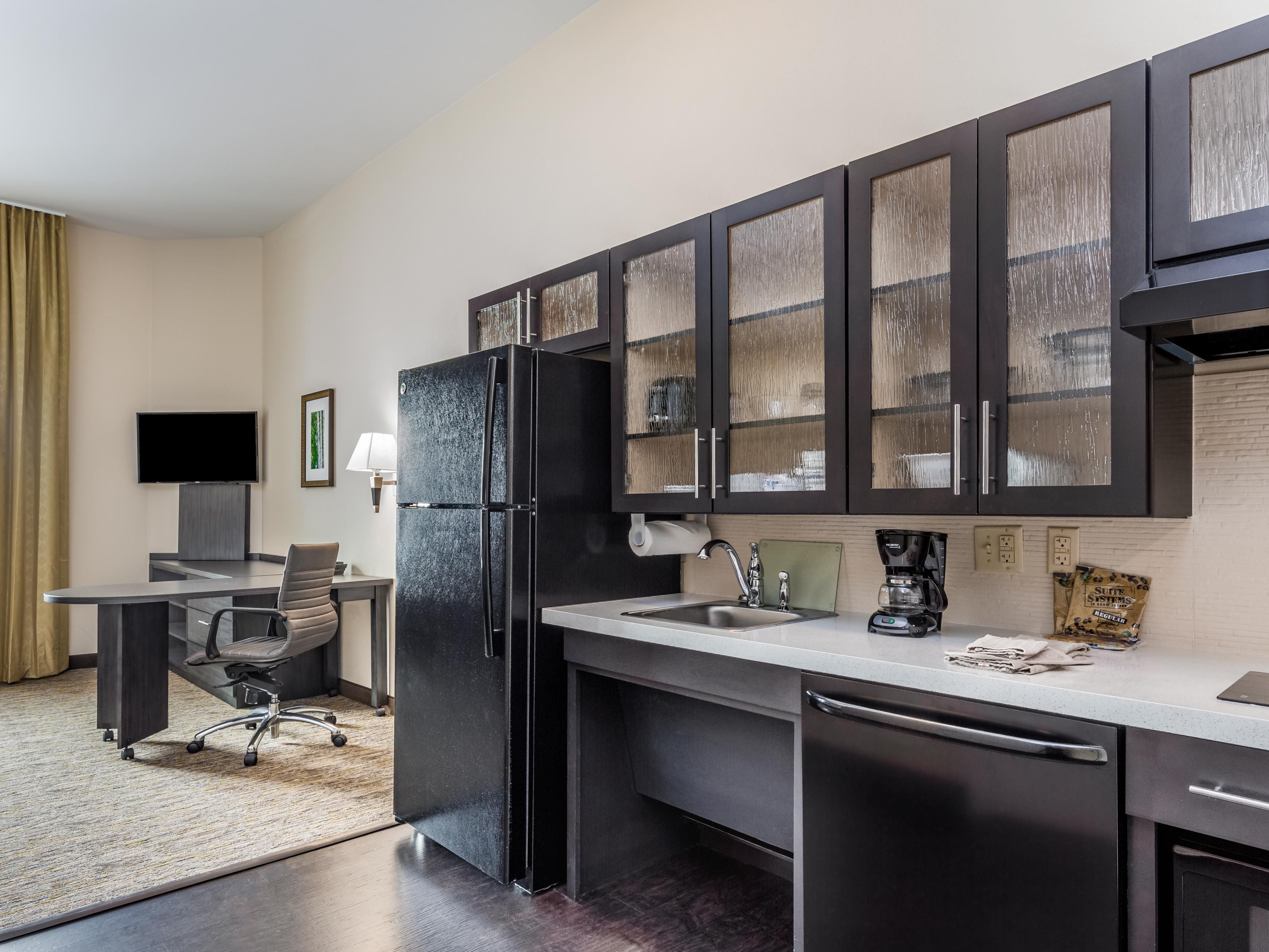 When you are far from home, we know it's the little things that make the biggest difference. All guest suites feature fully-equipped kitchens. Onsite complimentary laundry facilities, Fitness Center, indoor pool and 24-hour market. We are pet friendly too.