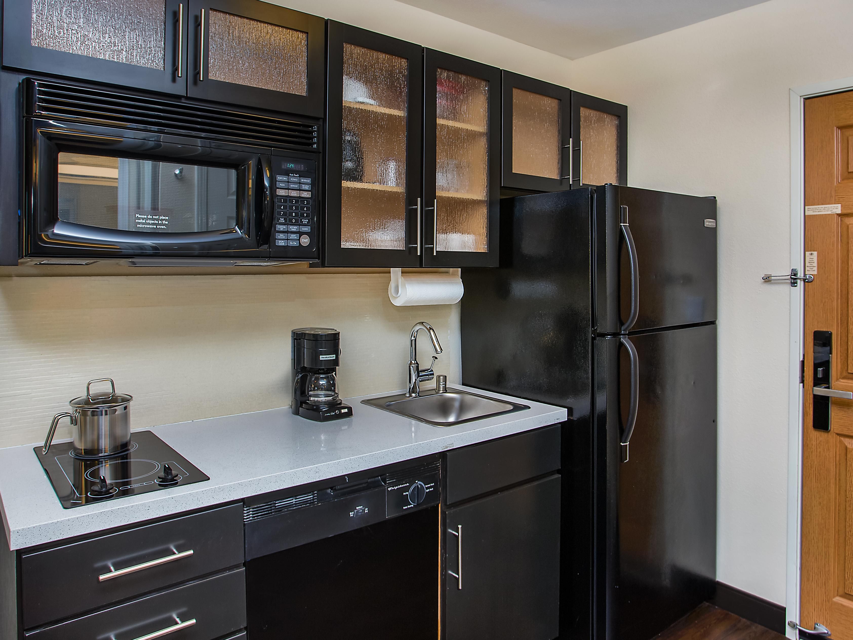 All of our guests rooms come with a fully equipped kitchenette. Cook your favorite breakfast as late or as early as you want. Have a fresh cup of coffee at your convenience, and stock your favorite snacks and drinks during your extended stay in the full size refrigerator in your room.