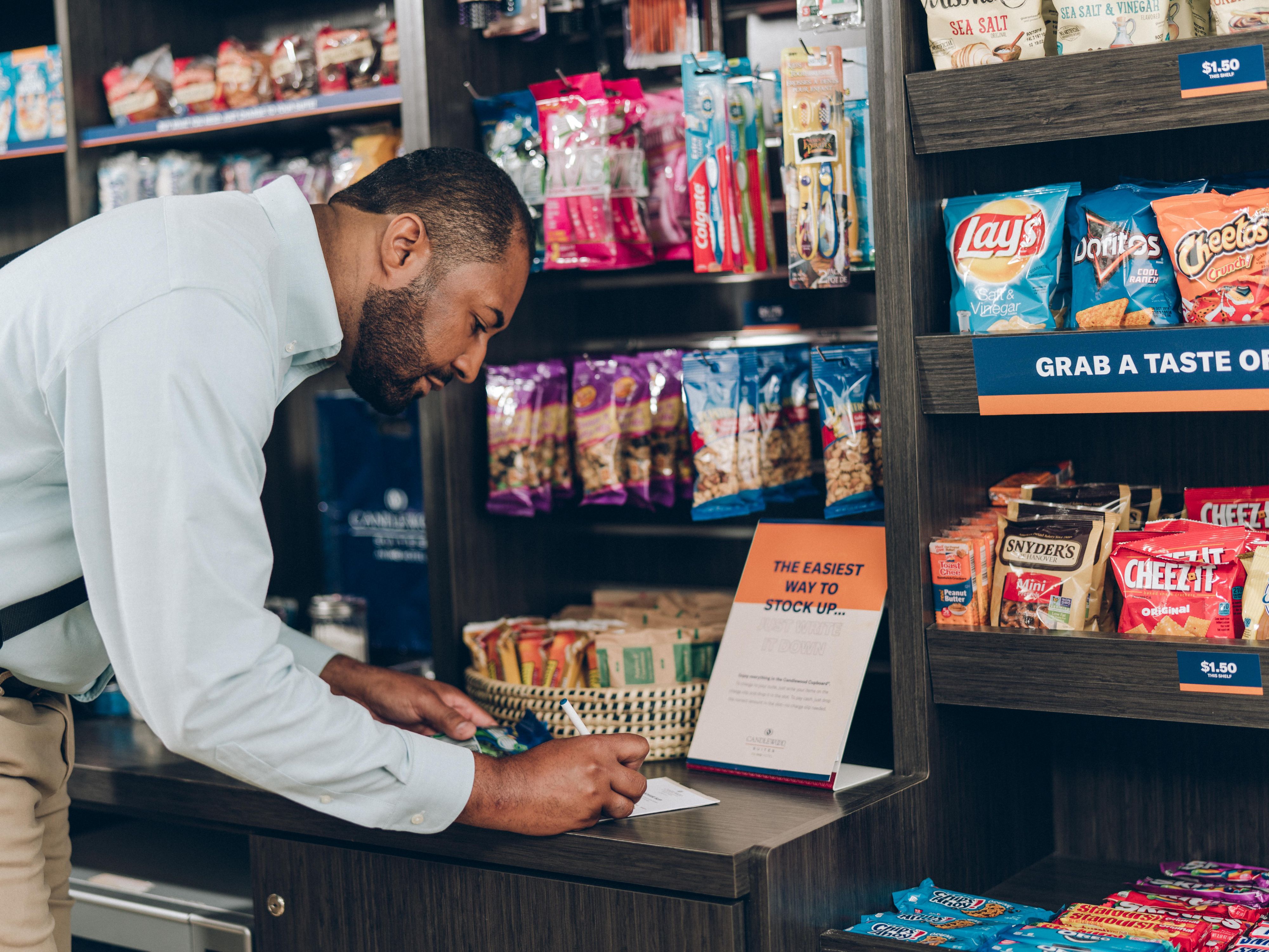 Food basics are available in our Candlewood Cupboard in our lobby for you to stock up on easy-to-prepare meals and snacks for your room. Each suite has a full-size refrigerator for you to store your goods.

