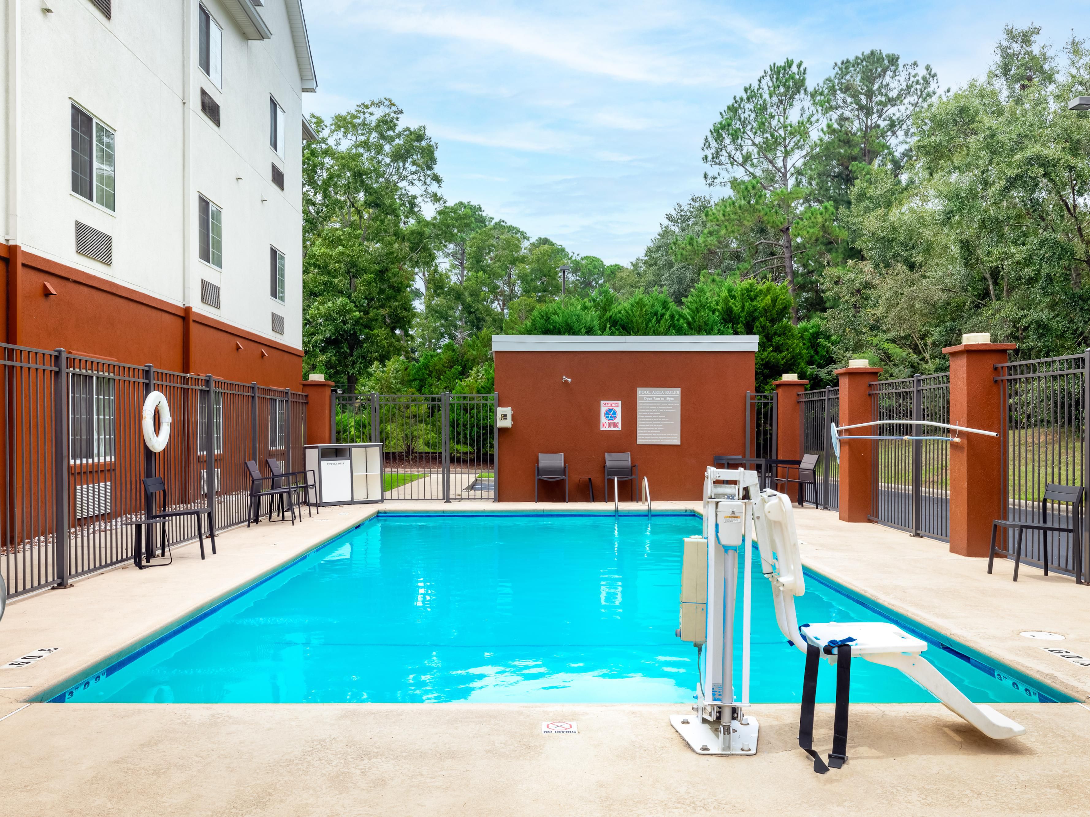 Our pet-friendly hotel in Enterprise, AL, has everything you need for a convenient stay. Take advantage of our outdoor pool, open March through September, and covered patio with grill. Enjoy the Candlewood Cupboard, guest laundry facilities, and Candlewood Gym. Welcome to your home away from home.