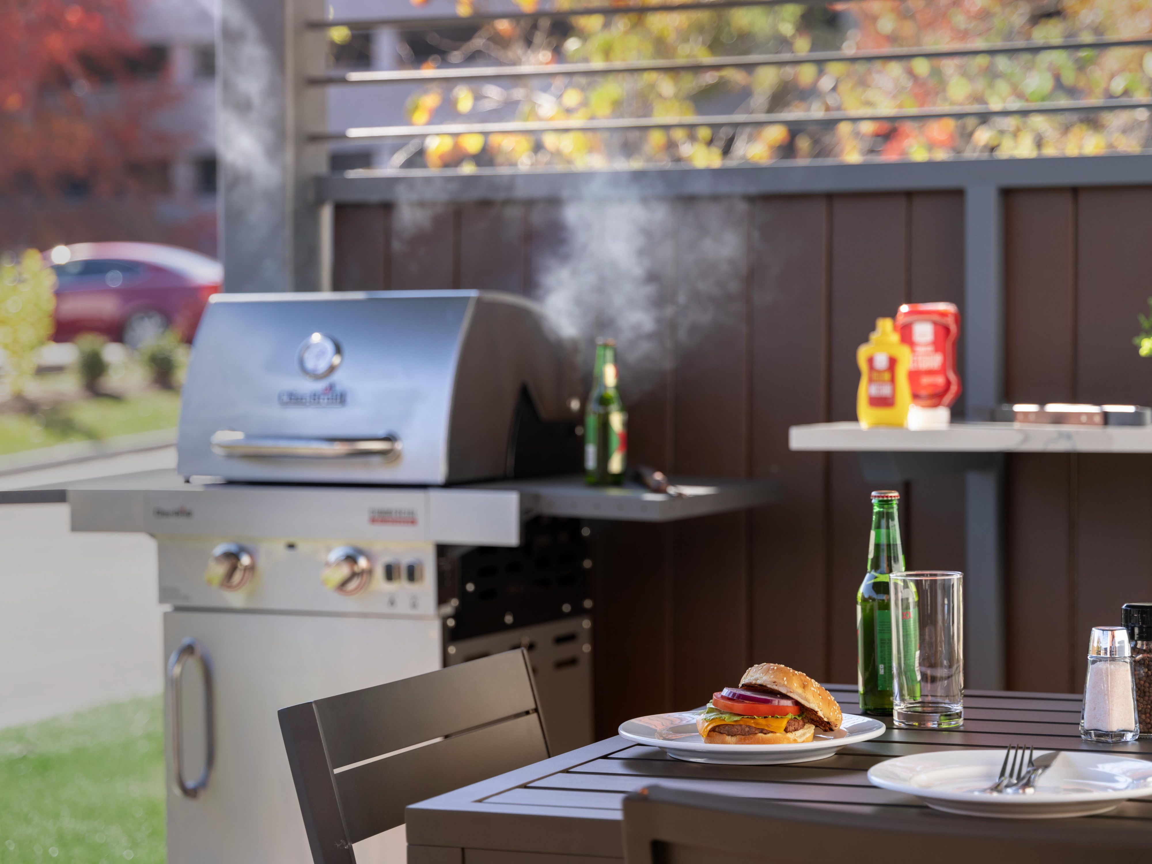 To celebrate a big win or to enjoy a weeknight meal on the grill, you'll enjoy our outdoor space when you stay with us. We have all grill tools to help you prepare your next meal on the grill.