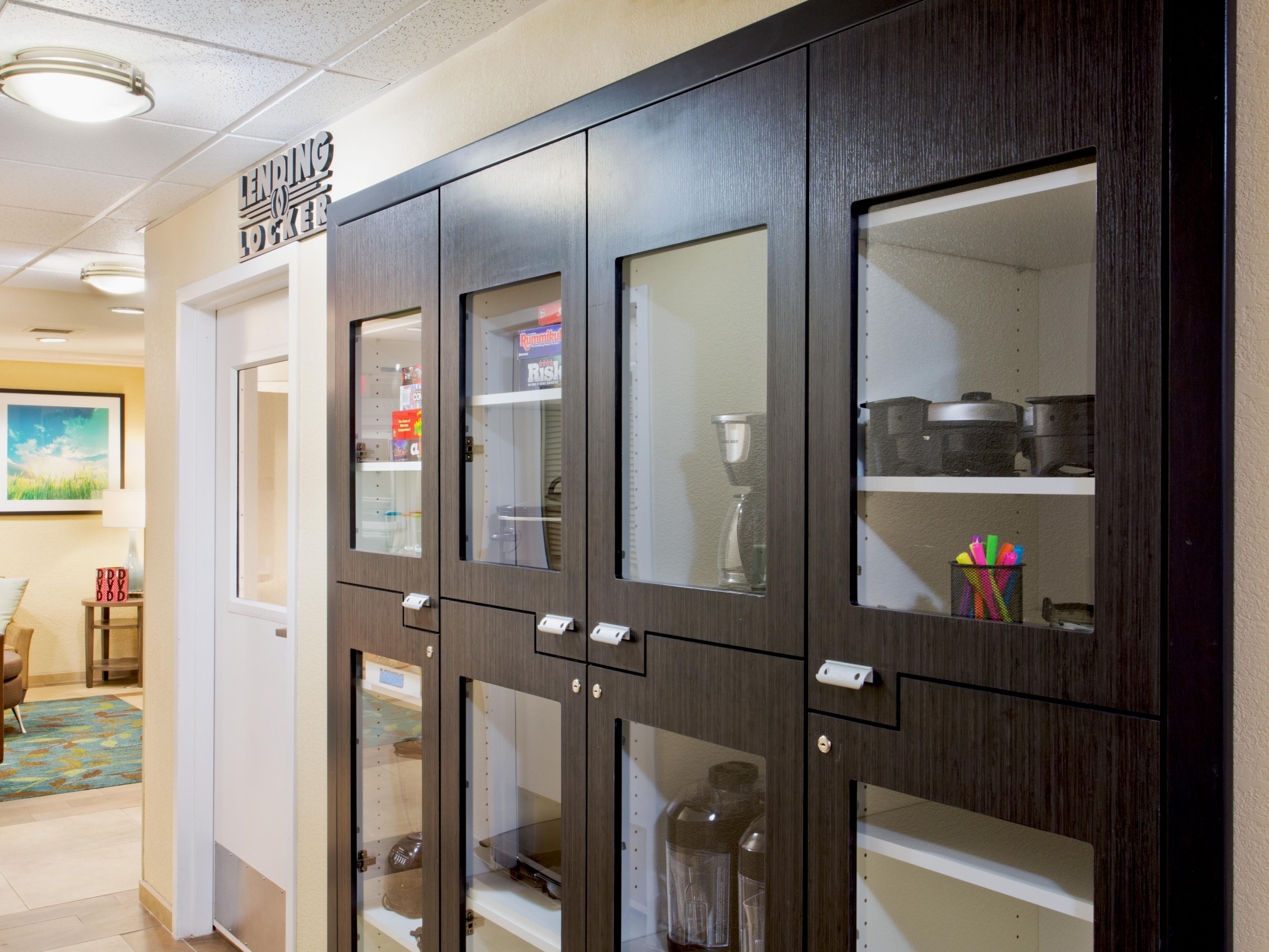 To give you more of the comforts of home, we offer our Candlewood Lending Locker. Our locker has small appliances, movies, and boardgames for our guests. Come check out what we have to make your stay more enjoyable.