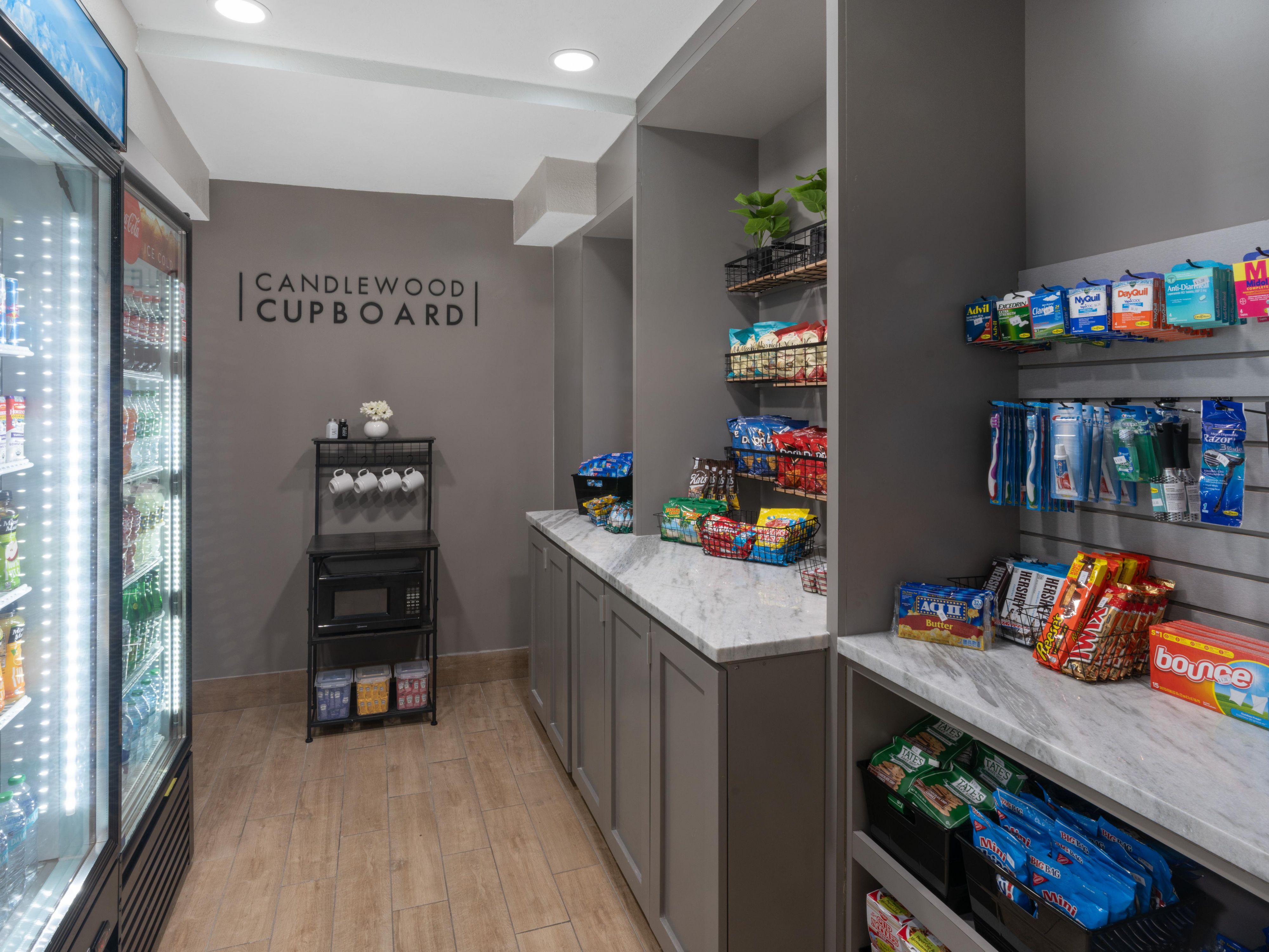The Candlewood Cupboard offers food basics available 24/7 for you to stock up on easy-to-prepare meals and snacks for your room. Each suite has a full-size refrigerator for you to store your goods.
