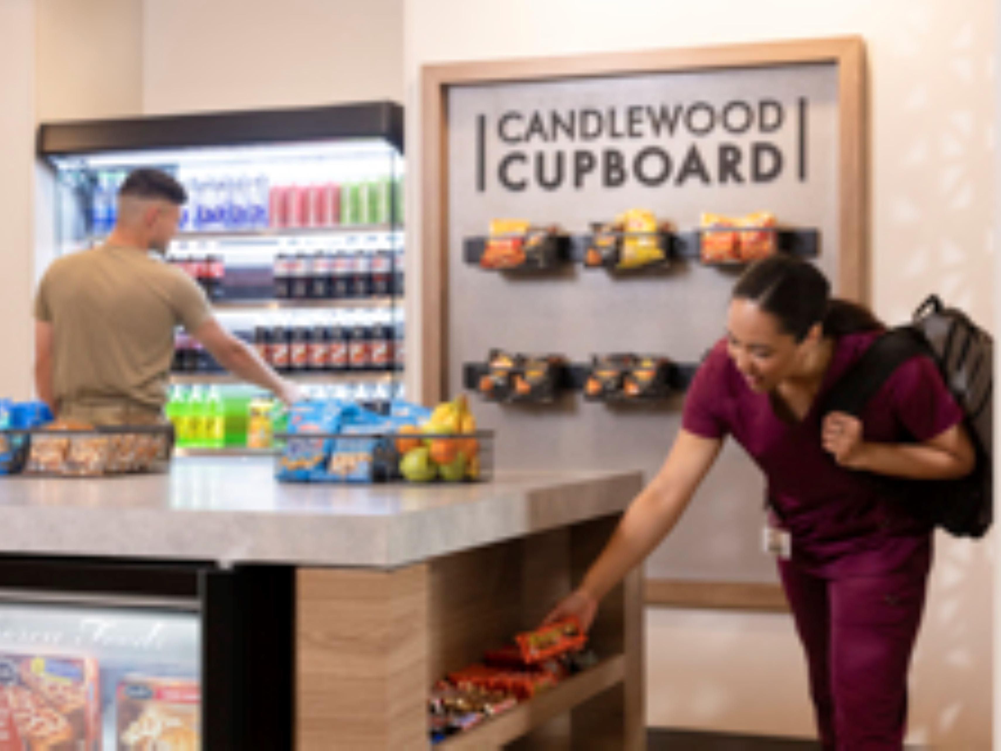 Stock up on a variety of breakfast items, beverages, snacks, frozen entrées, and more, 24 hours a day.