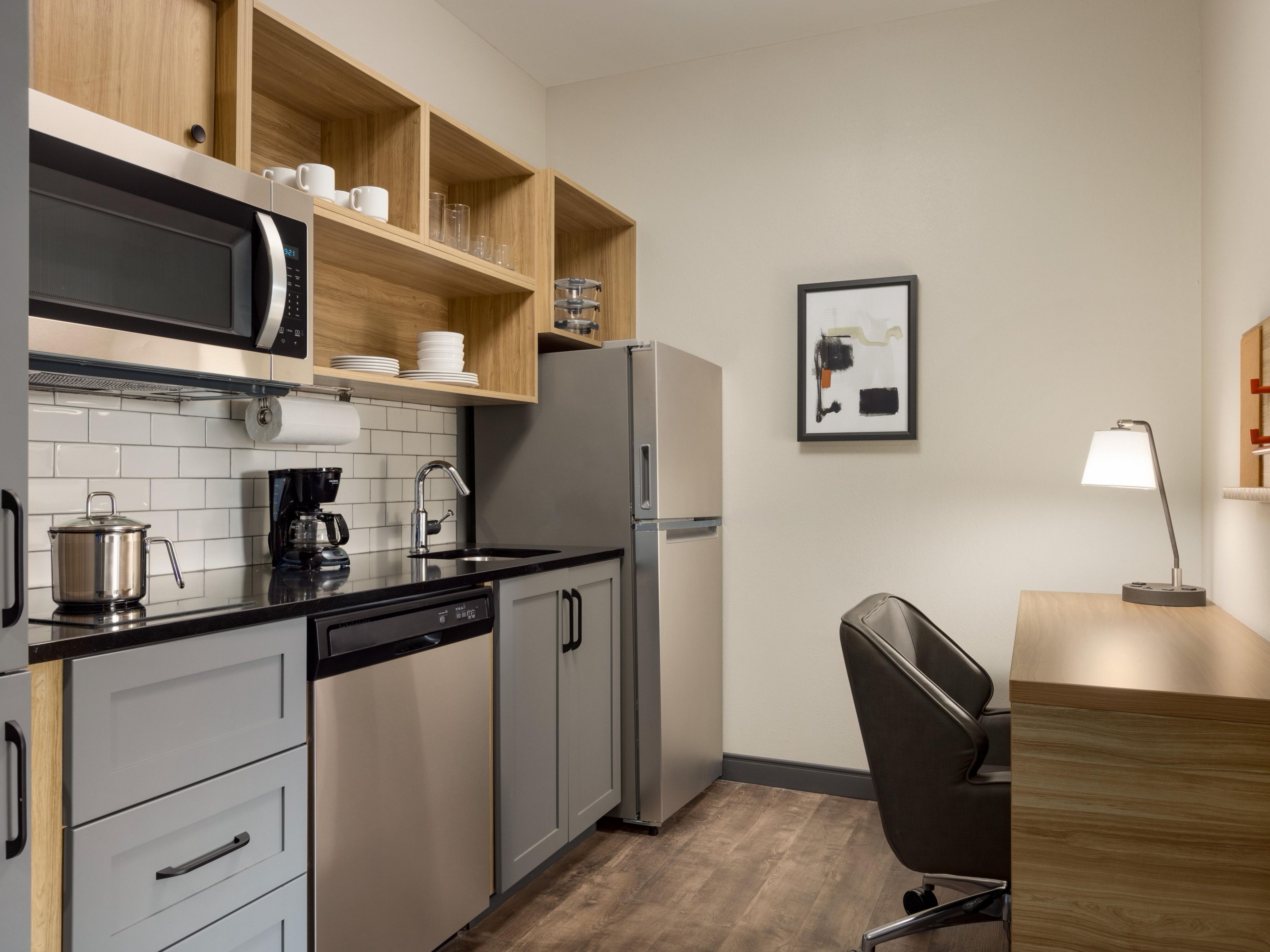 Your very own taste of home: Fully equipped kitchens, well-stocked with everything a hungry home-chef needs to settle in and start cooking: fridge, stovetop, microwave, plenty of counter space and of course, a dishwasher.