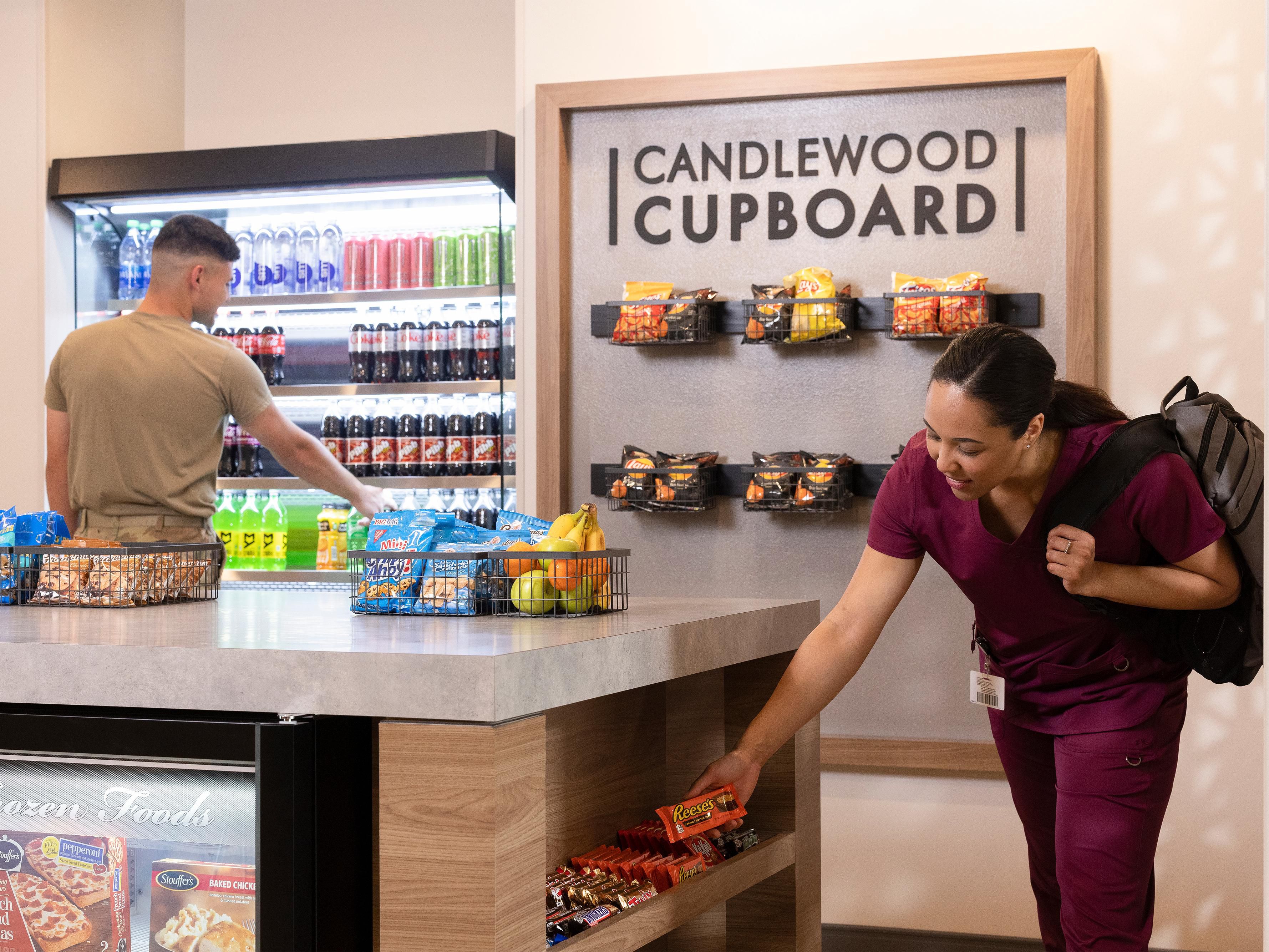 Food basics are available in the Candlewood Cupboard in our lobby for you to stock up on easy-to-prepare meals and snacks for your room. Each suite has a full-size refrigerator for you to store your goods.
