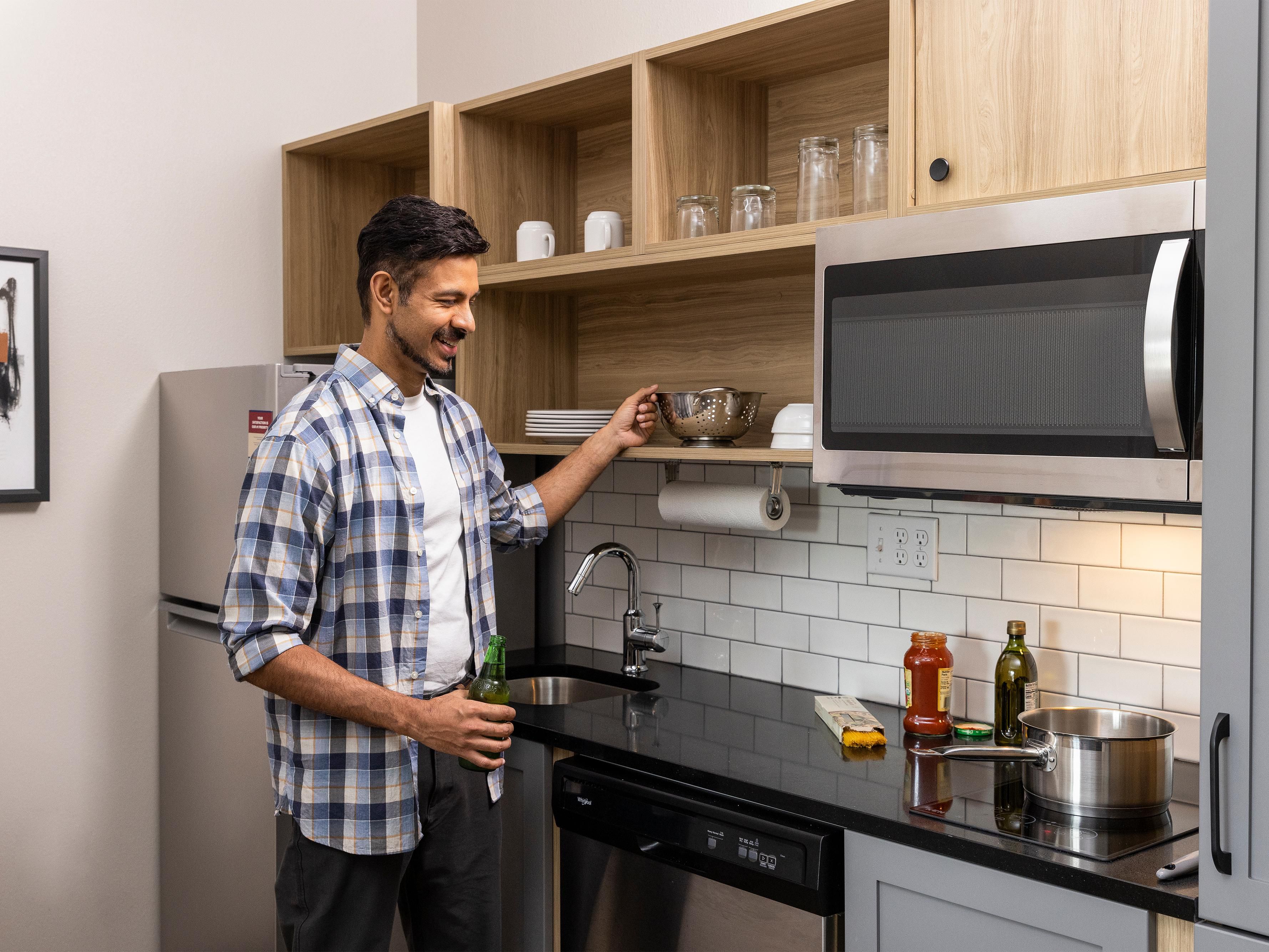 All suites have a fully equipped kitchen for your convenience including, a stove, full-size refrigerator, microwave, dishwasher, cooking and dining utensils and ample counter space.
