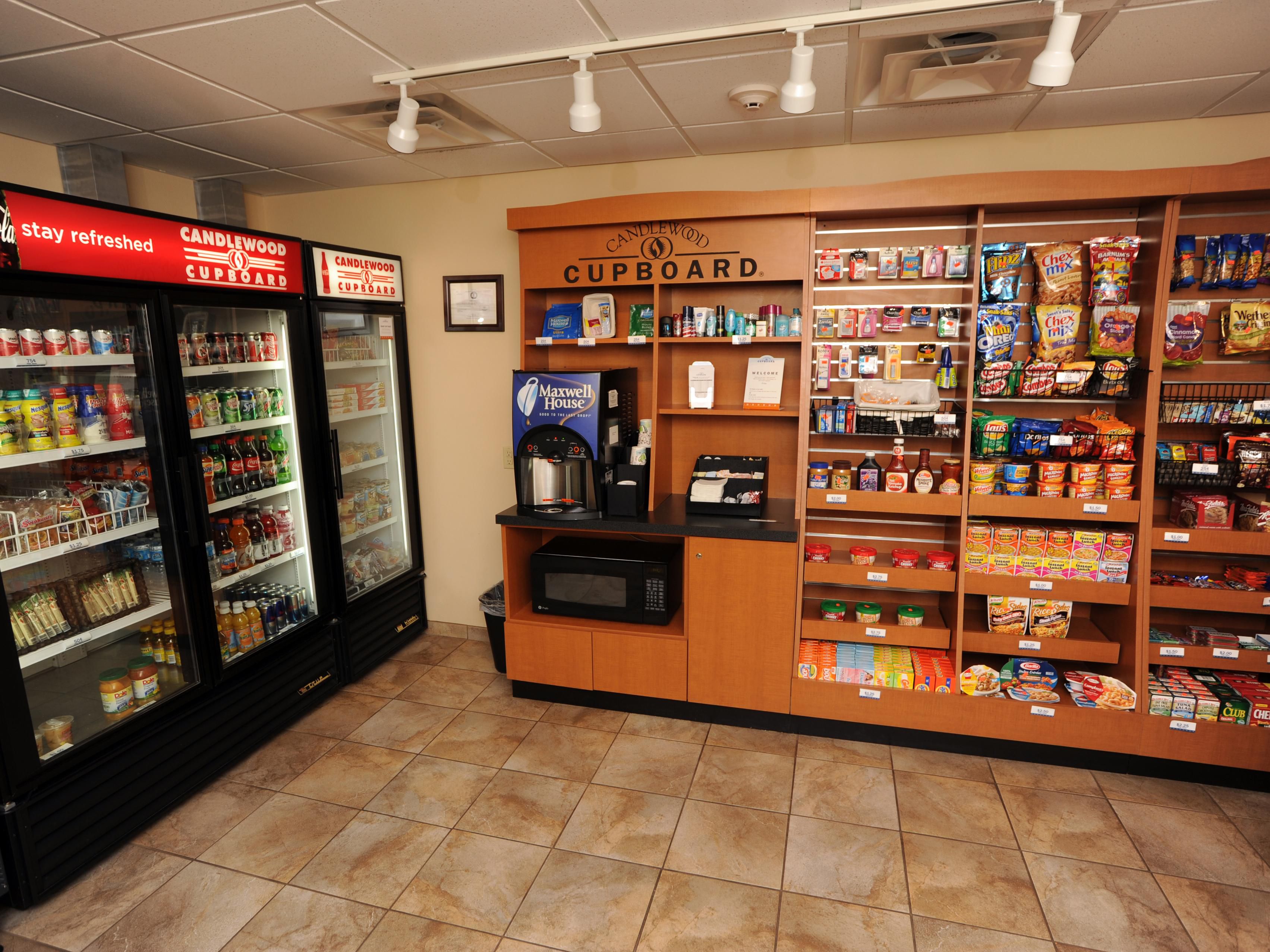 Hungry?  Head to the Candlewood Cupboard for a snack or to buy some yummy breakfast items.