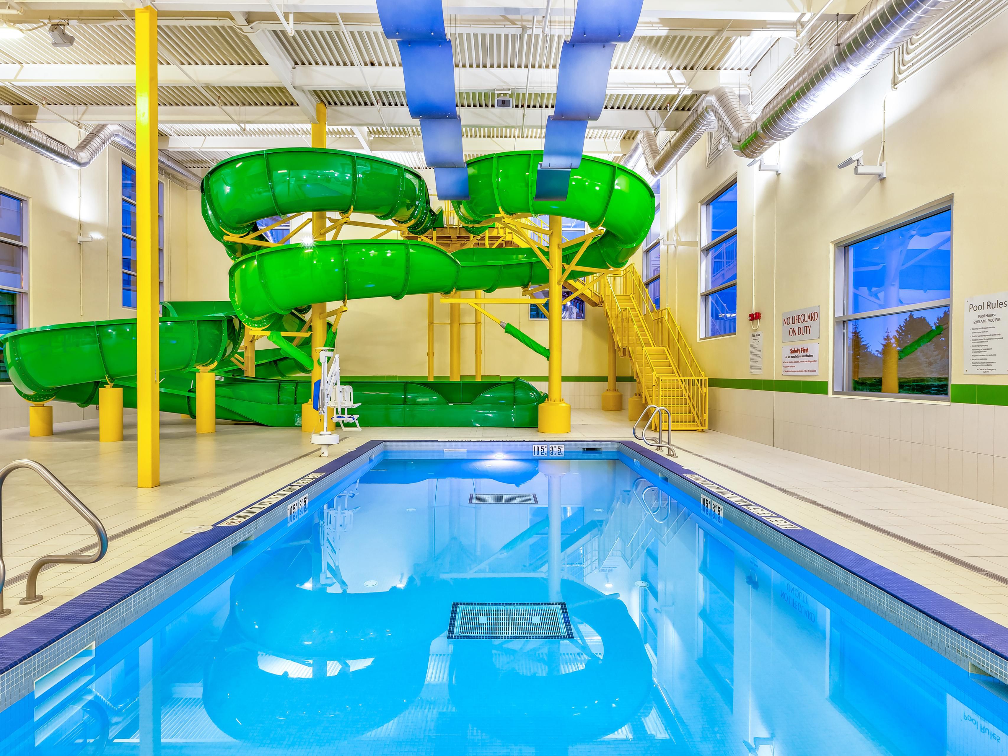 Fun awaits at our family-friendly indoor pool area featuring two thrilling 165-foot waterslides and a spacious swimming pool. Waterslides are open Friday through Sunday and closed Monday to Thursday. It’s the perfect place to unwind, play, and make lasting memories during your stay.