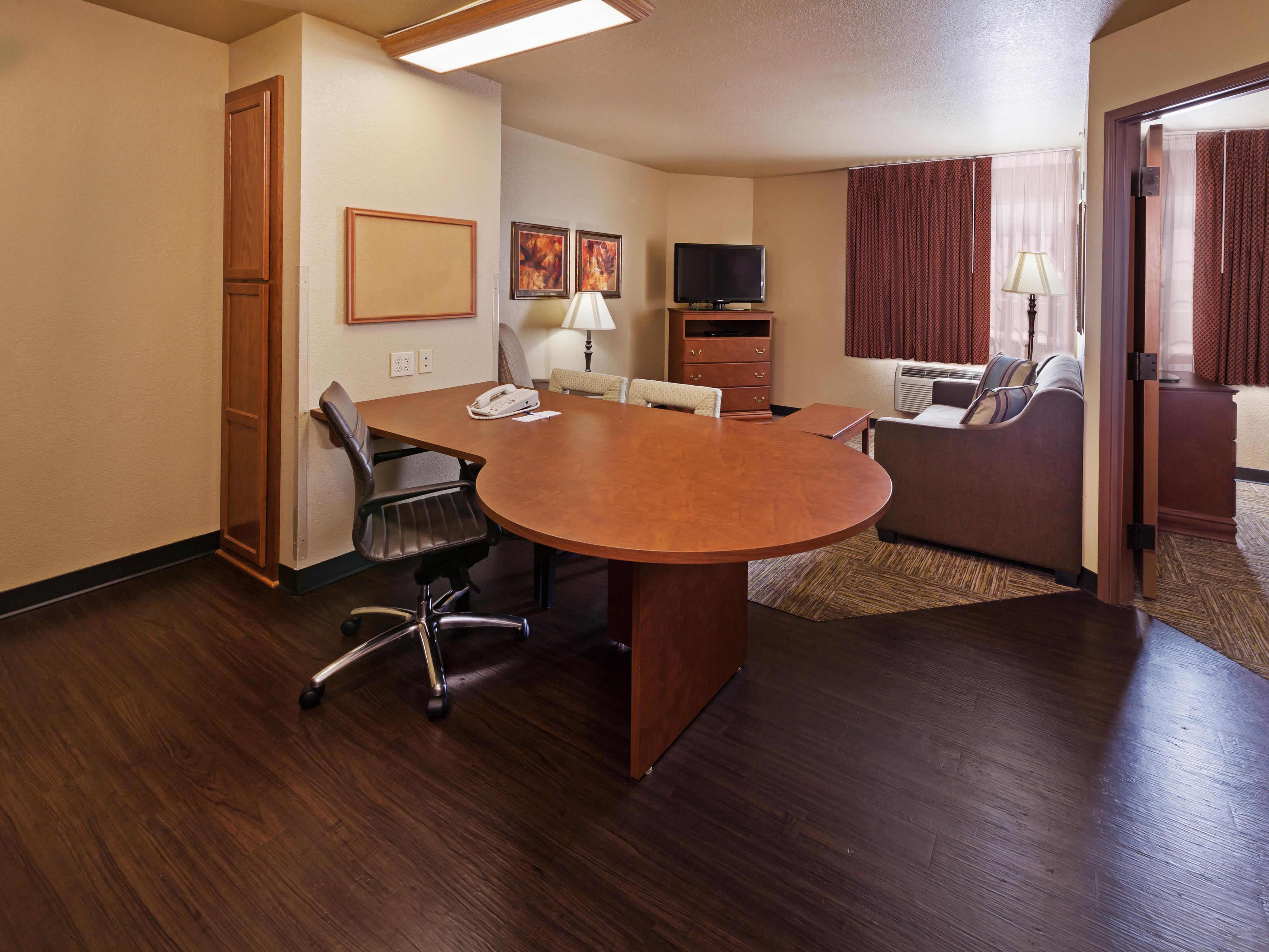 Our most popular choice for long-term stays, the one-bedroom suite, offers apartment-style living with everything included. Enjoy a separate bedroom with a queen bed, private bathroom, and TV, plus a living area with a sofa bed, TV, kitchenette, table, and closet space. Perfect for extended stays with all the comforts of home!
