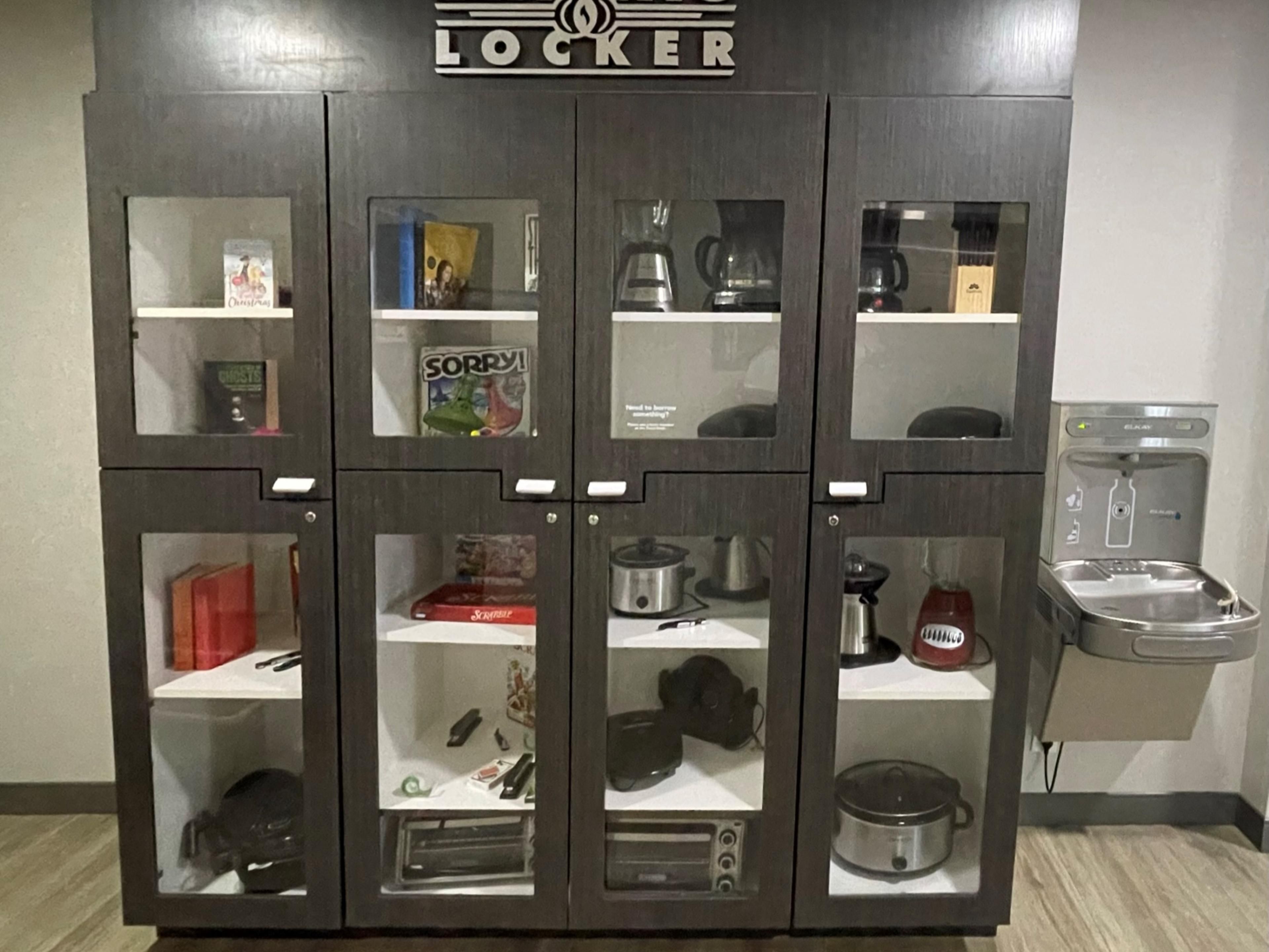 Our Lending Locker offers household items that are available to borrow including grilling tools and kitchen supplies, games and small appliances. Inquire at our front desk for a list up to date available items. 