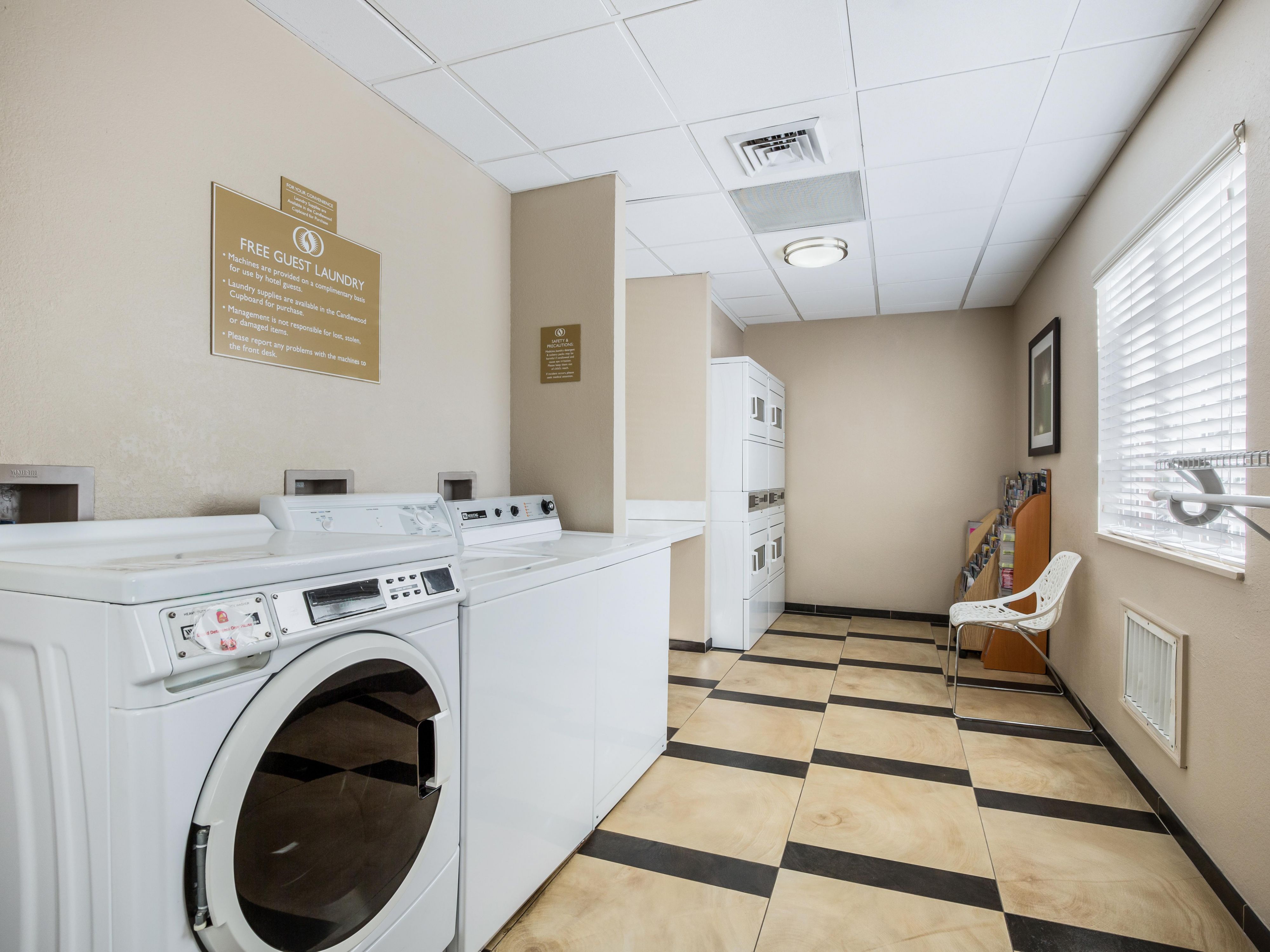 Toss in a load of laundry, on us! The machines are free to use for our guests 24/7.