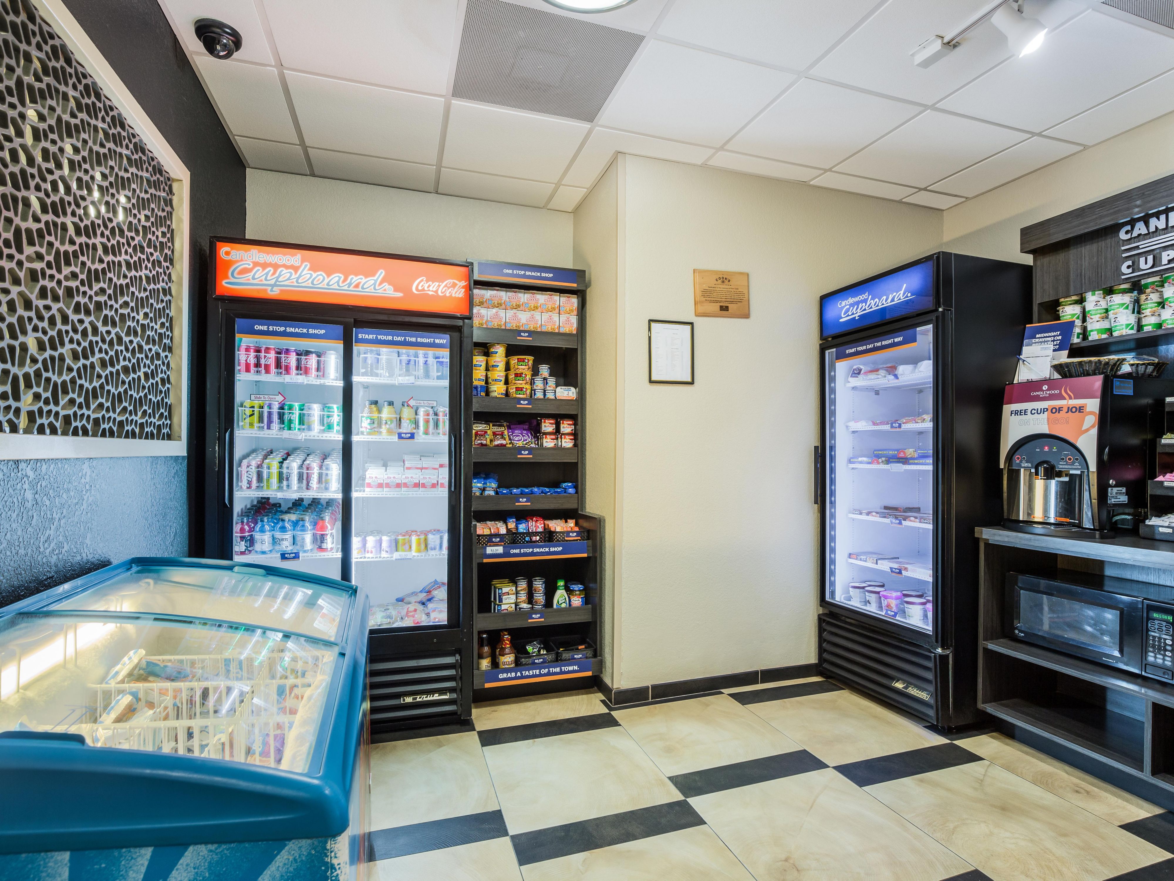 Our 24/7 Candlewood Cupboard is stocked with 'for-purchase' breakfast items, snacks, drinks, and travel incidentals.
