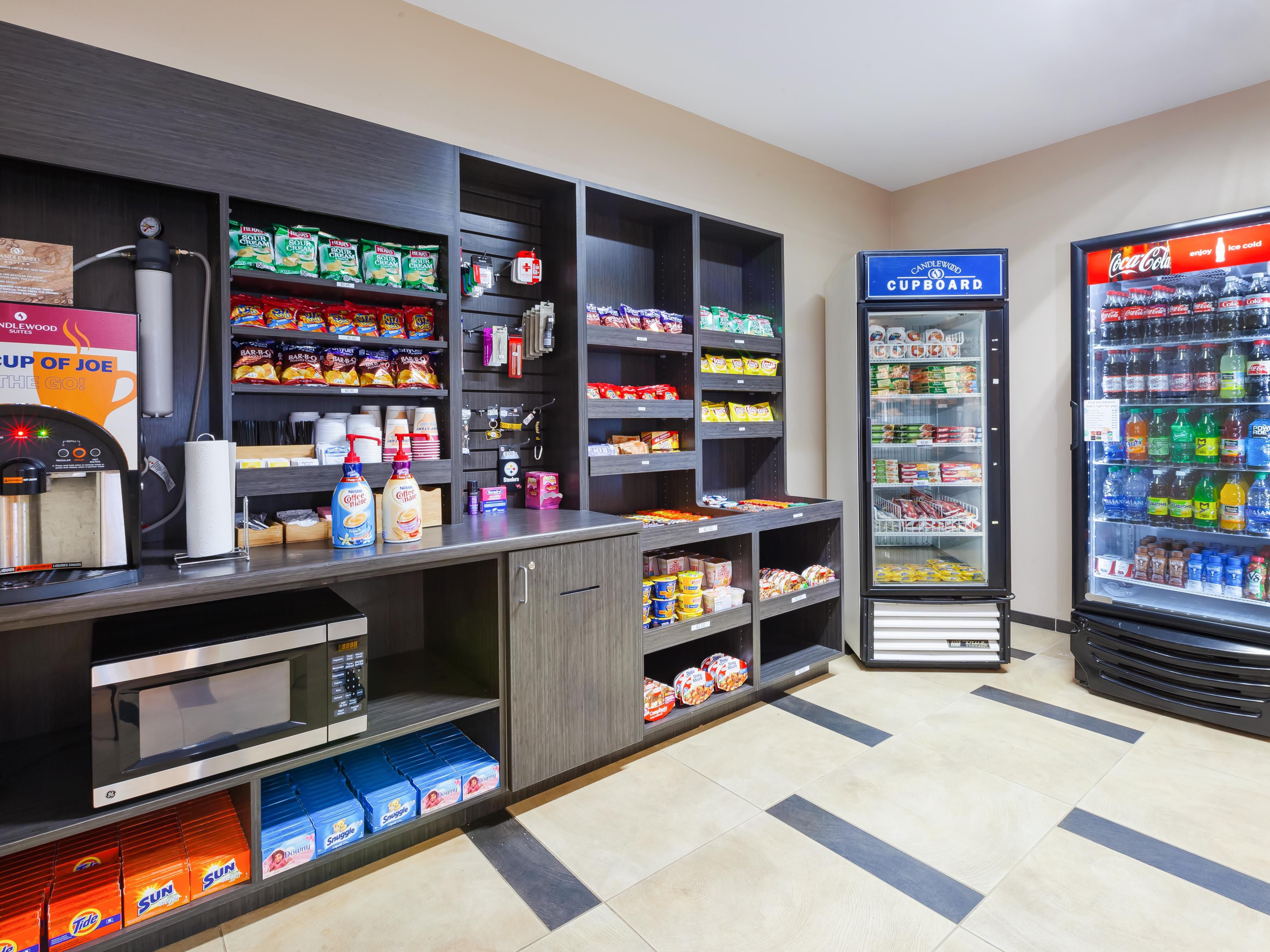 Out of groceries? No problem. Our 24-hour convenience shop is fully stocked with everything you need, from frozen meals and snacks to drinks and desserts. Our on-site store covers whether you’re craving ice cream, a quick meal, or a midnight snack. Plus, enjoy free hot coffee and tea anytime during your stay.
