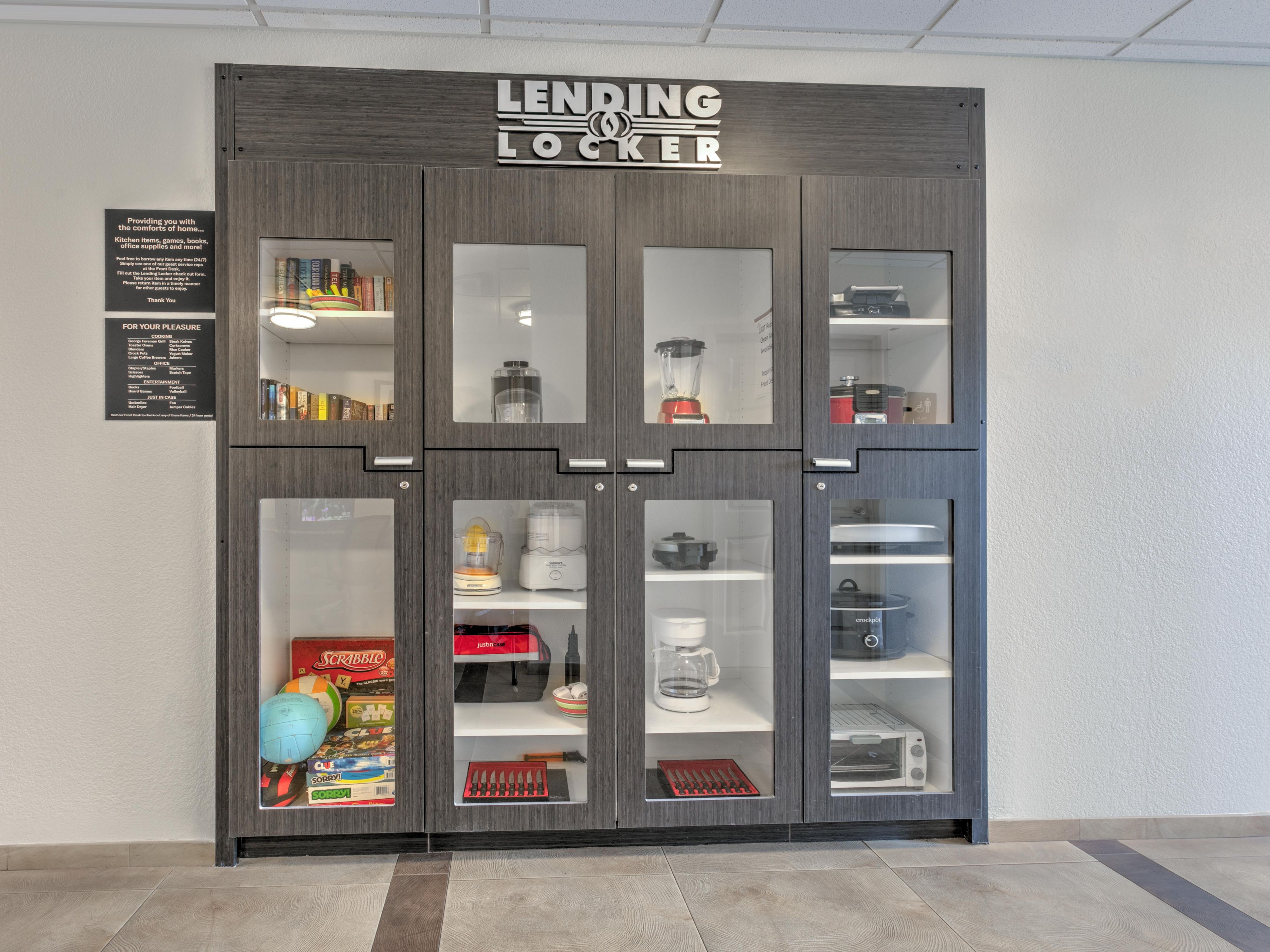 Complimentary Lending Locker features crockpots, blenders, games 