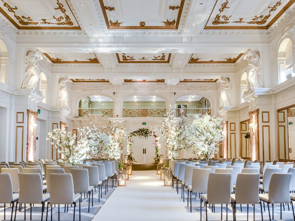Ballroom equipped for wedding