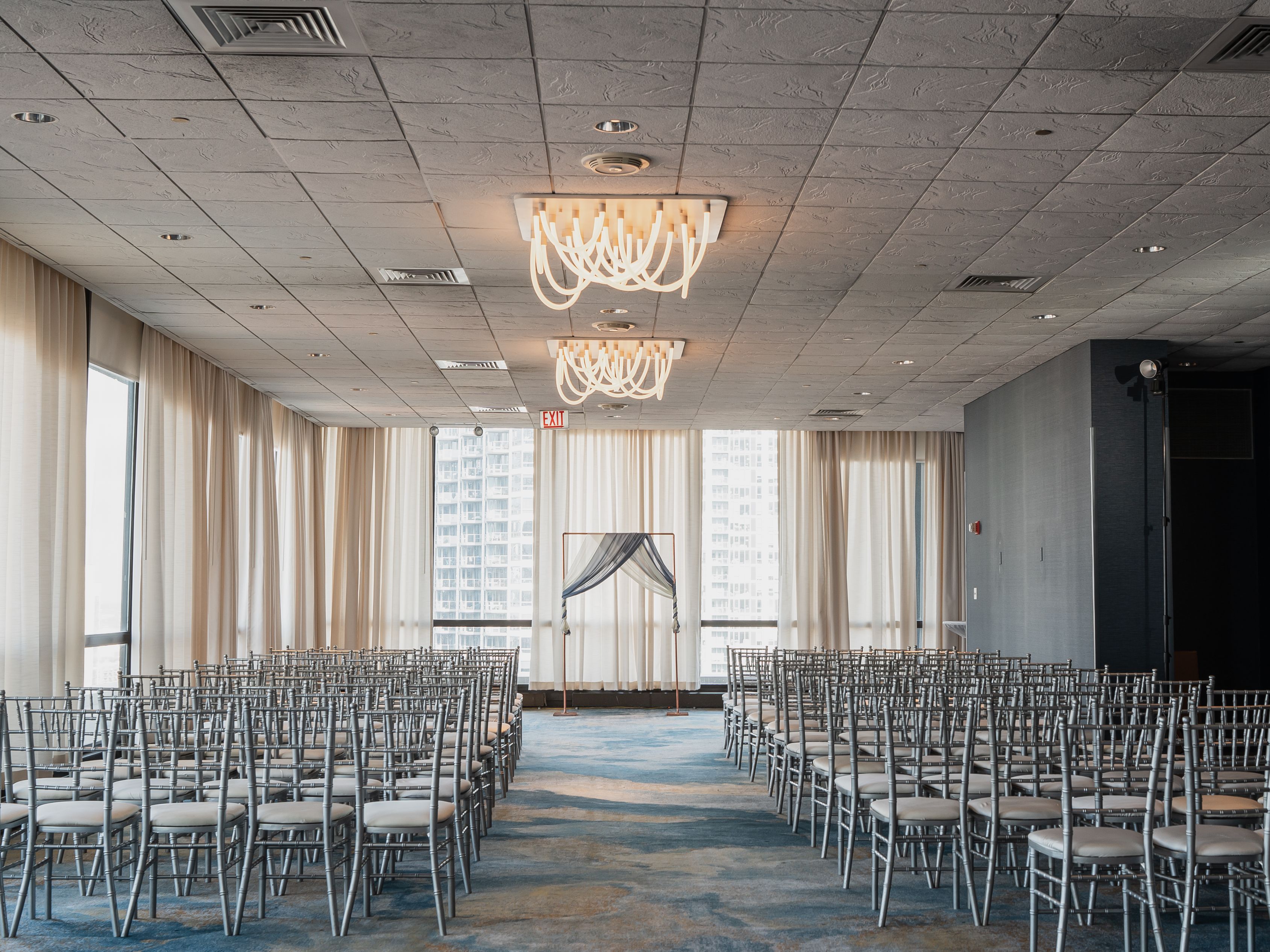 Tall tables with black tablecloths in LaSalle