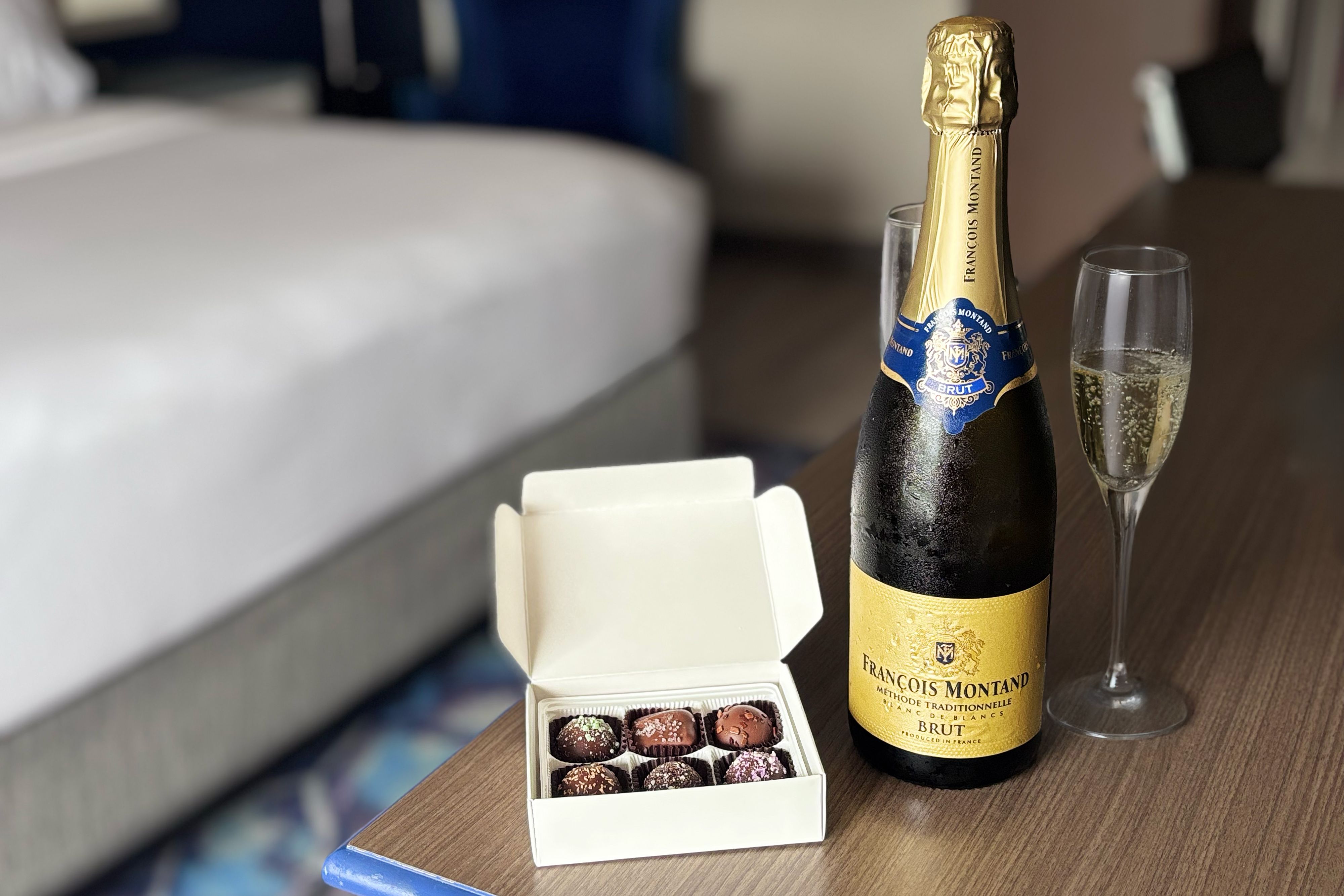 Sparkling wine and chocolates.