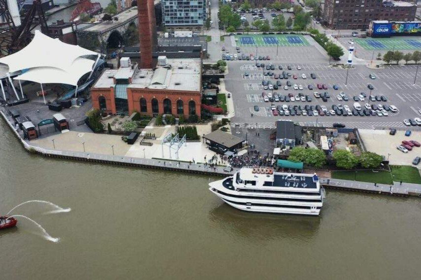 Lady Caroline cruise ship docked along Cleveland's waterfront.