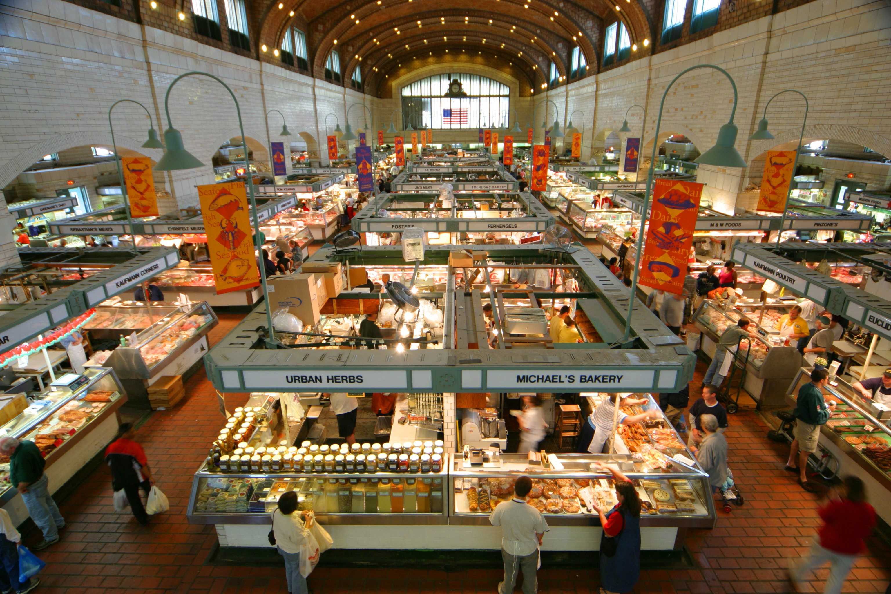 Vendor stalls inside Cleveland's historic West Side Market.