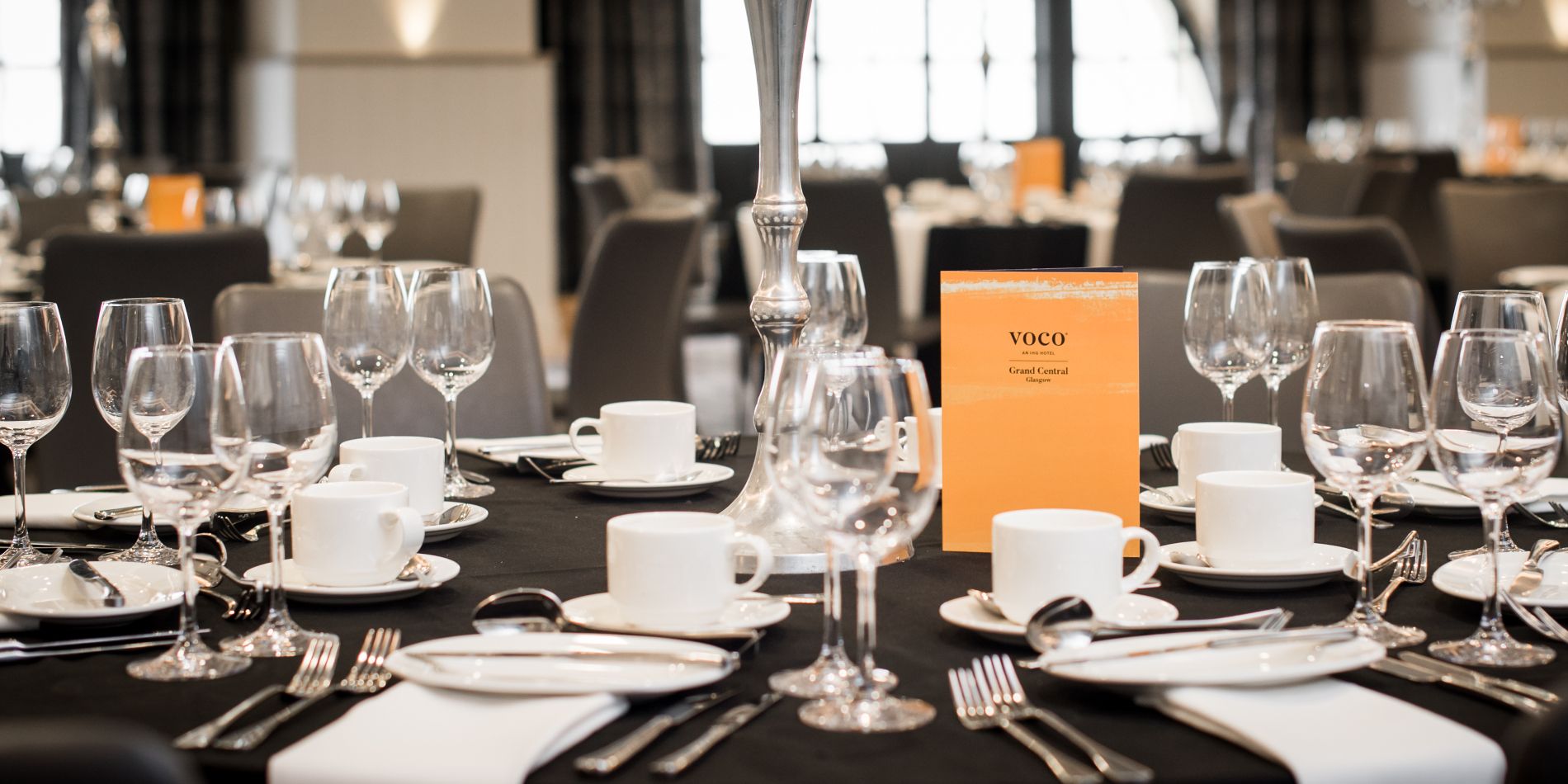 Meeting room with tables and glasses