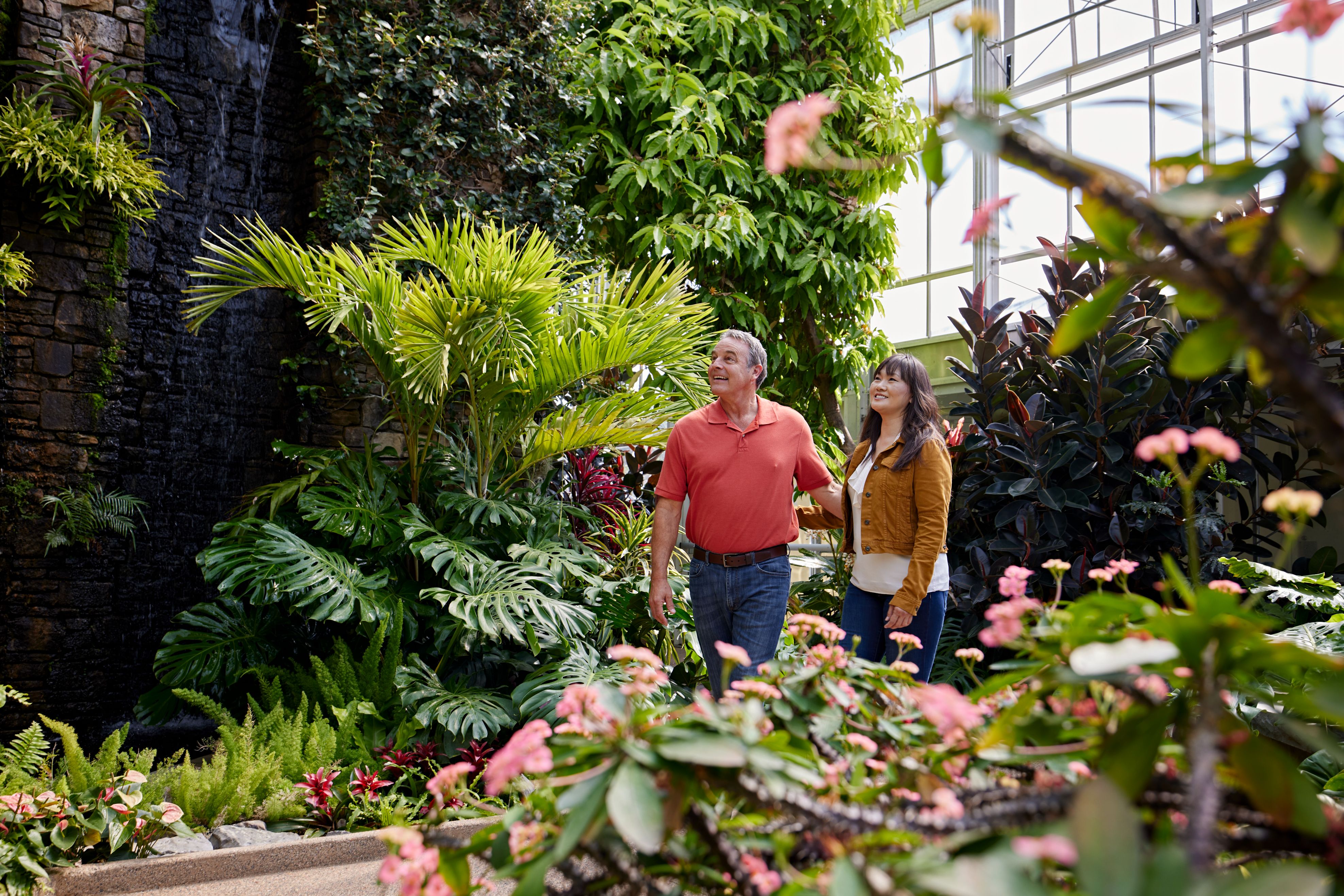 Couple walking through the Botanical Garden.