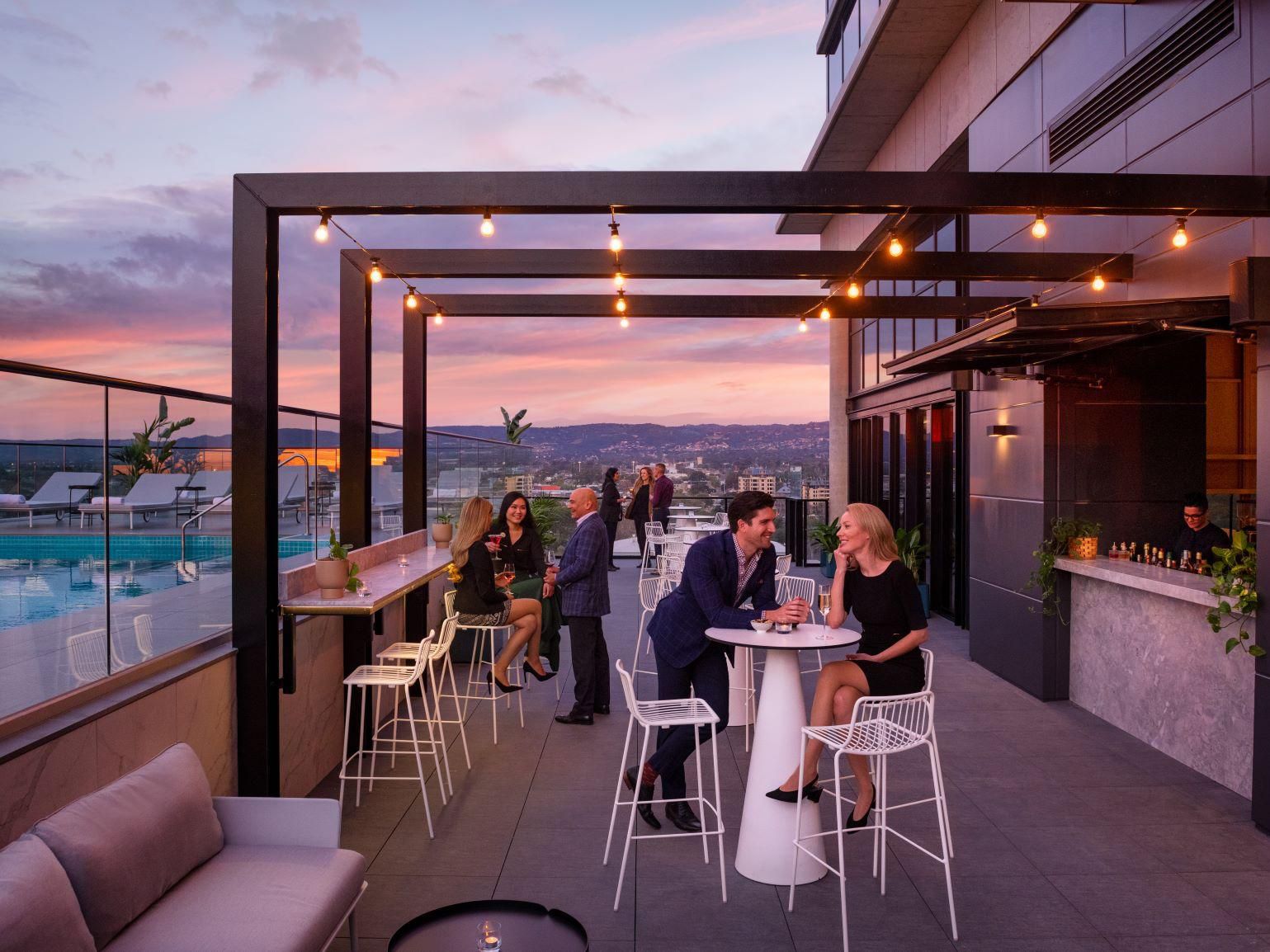 Glide from 9-5 and 5-9 at Adelaide's best kept secret. Luna10 offers a curated drinks list, comfort food and delectable Japanese small plates. Meet here to enjoy the city lights and spectacular views right next to an outdoor infinity pool. Open daily.