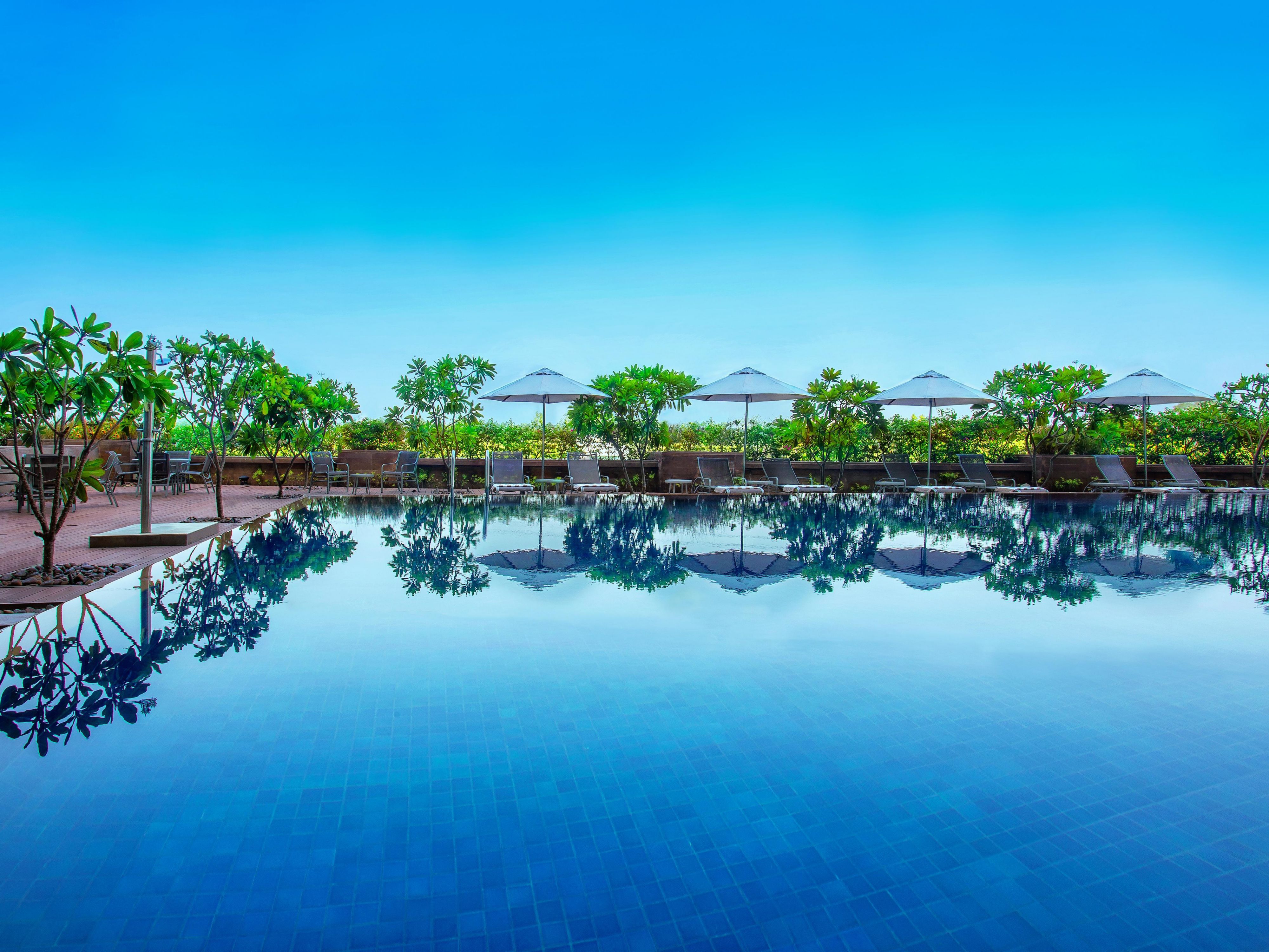 A table by the
pool, a beautiful night, and scrumptious food and drinks with
its scrumptious appetisers, comfort food, and beverages, the
restaurant fosters a sophisticated atmosphere of relaxation.