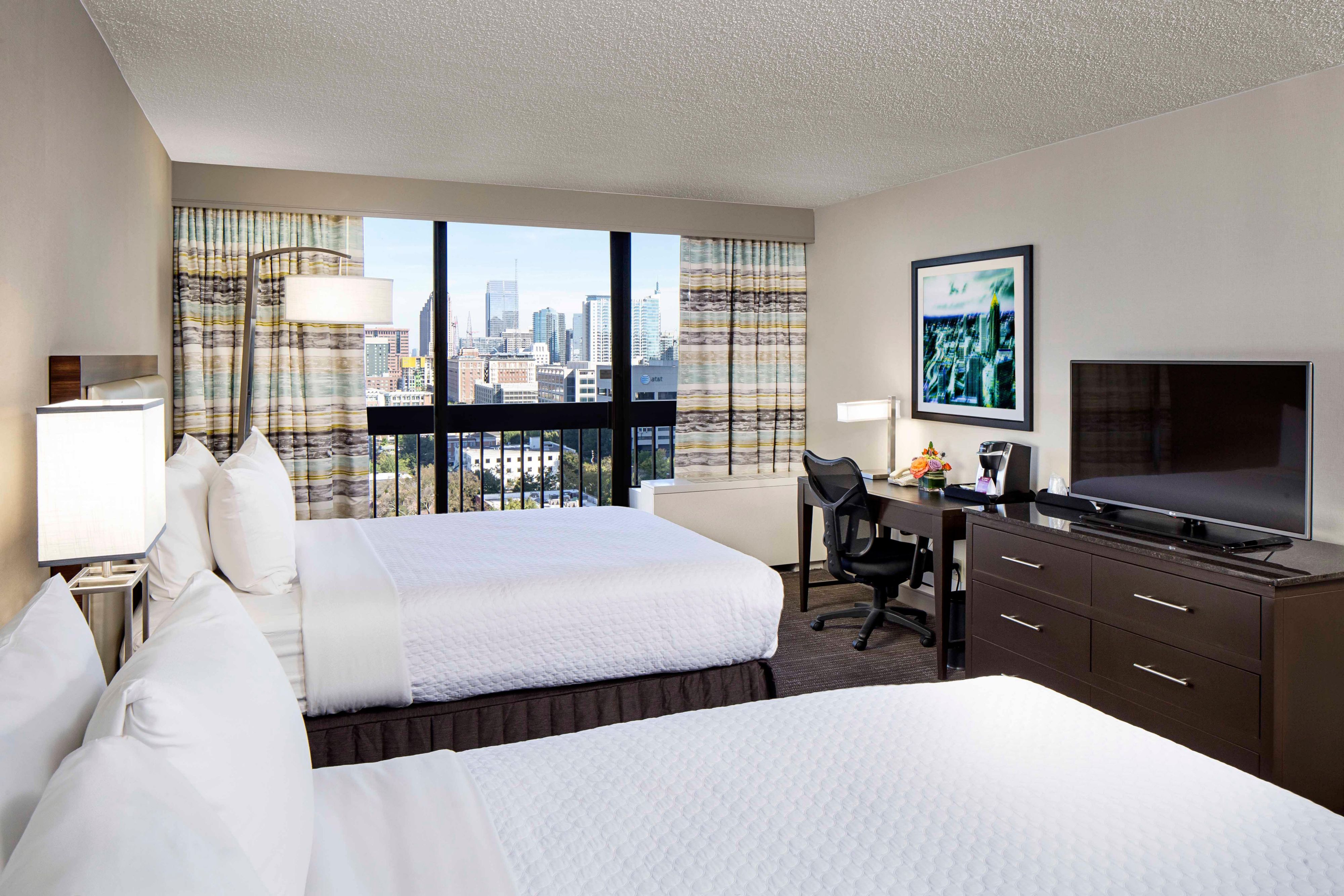 Two double beds with view of downtown Atlanta