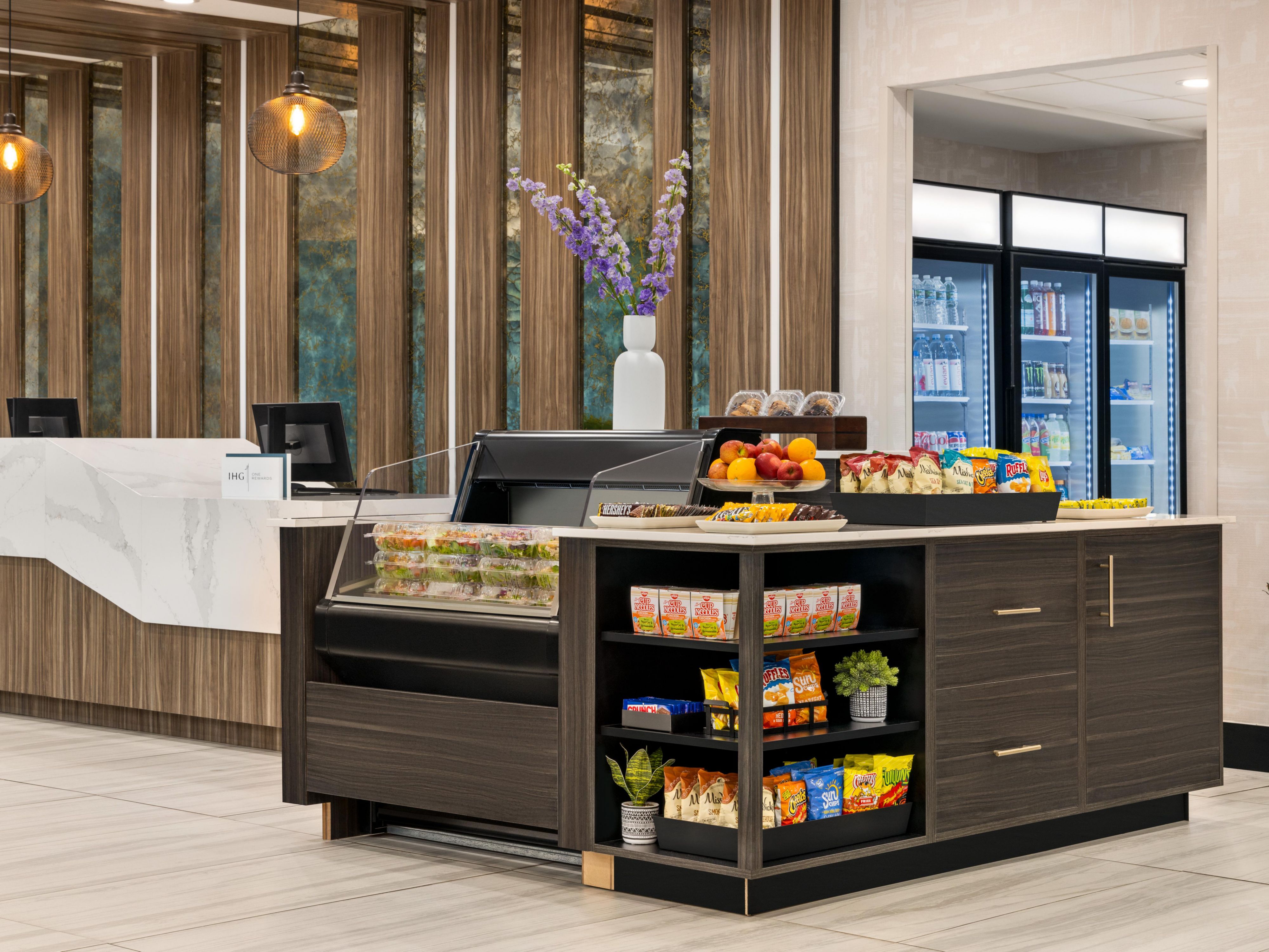 Marketplace with snacks, fruit, drinks and more.