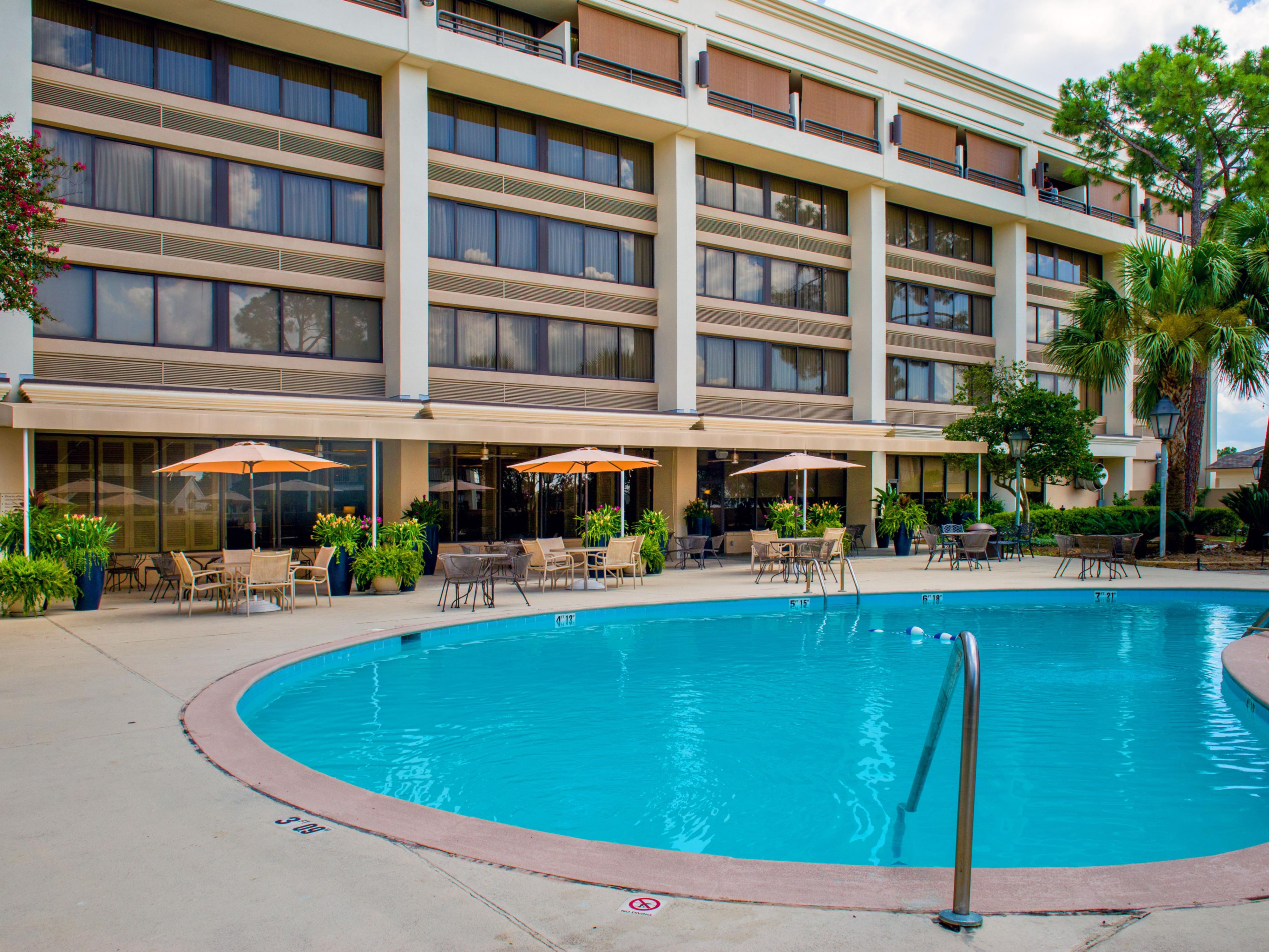 Escape the Louisiana heat with a refreshing dip in our outdoor pool or lounge poolside beneath shaded umbrellas. Our courtyard patio offers a serene oasis for relaxation, surrounded by lush palm trees. Whether you're looking to soak up the sun or enjoy a peaceful retreat outdoors, our pool and patio provide the perfect setting.